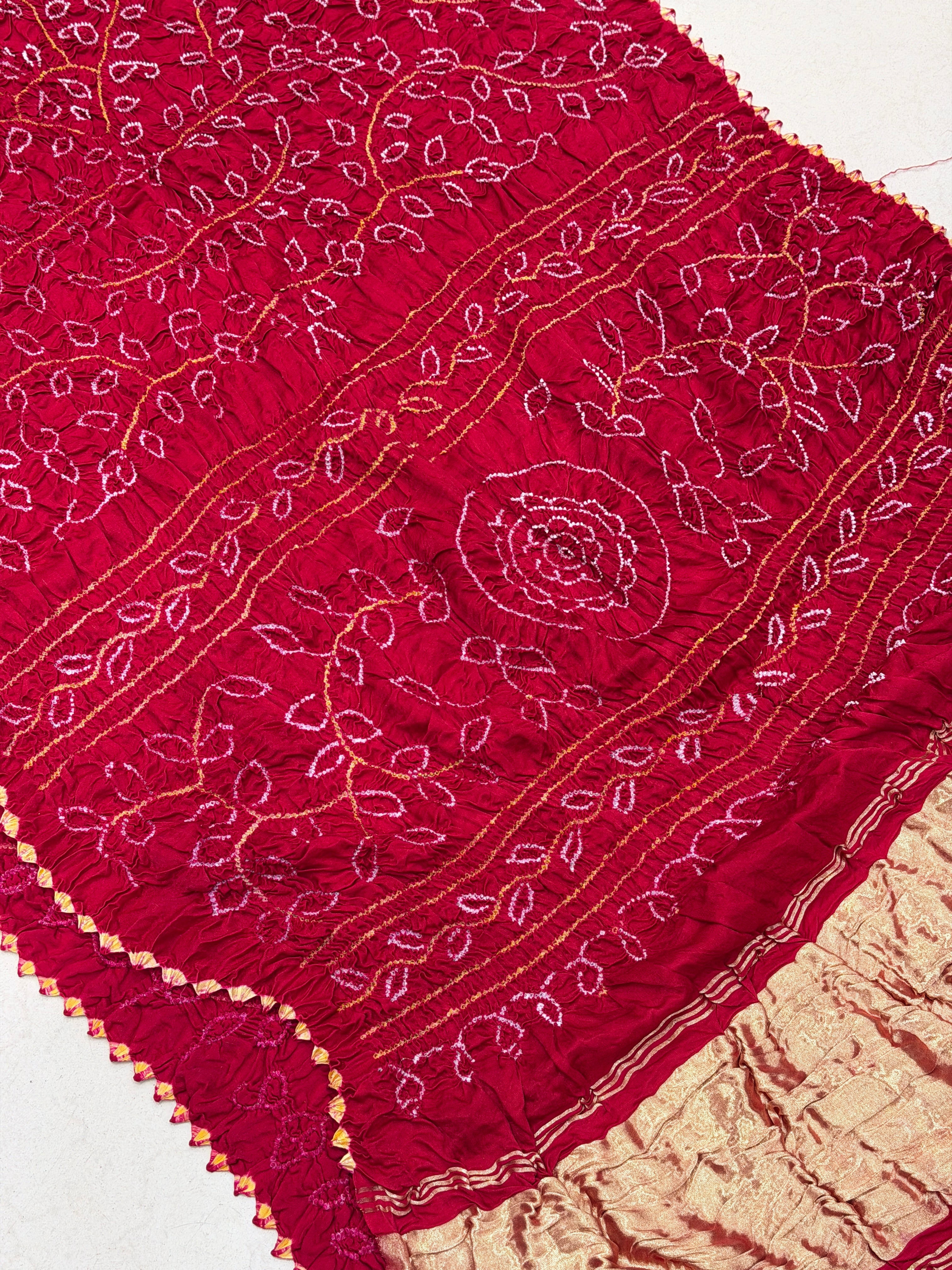 Red Pure Gajji Silk Rai Bandhej Ambadal Hand Done Saree