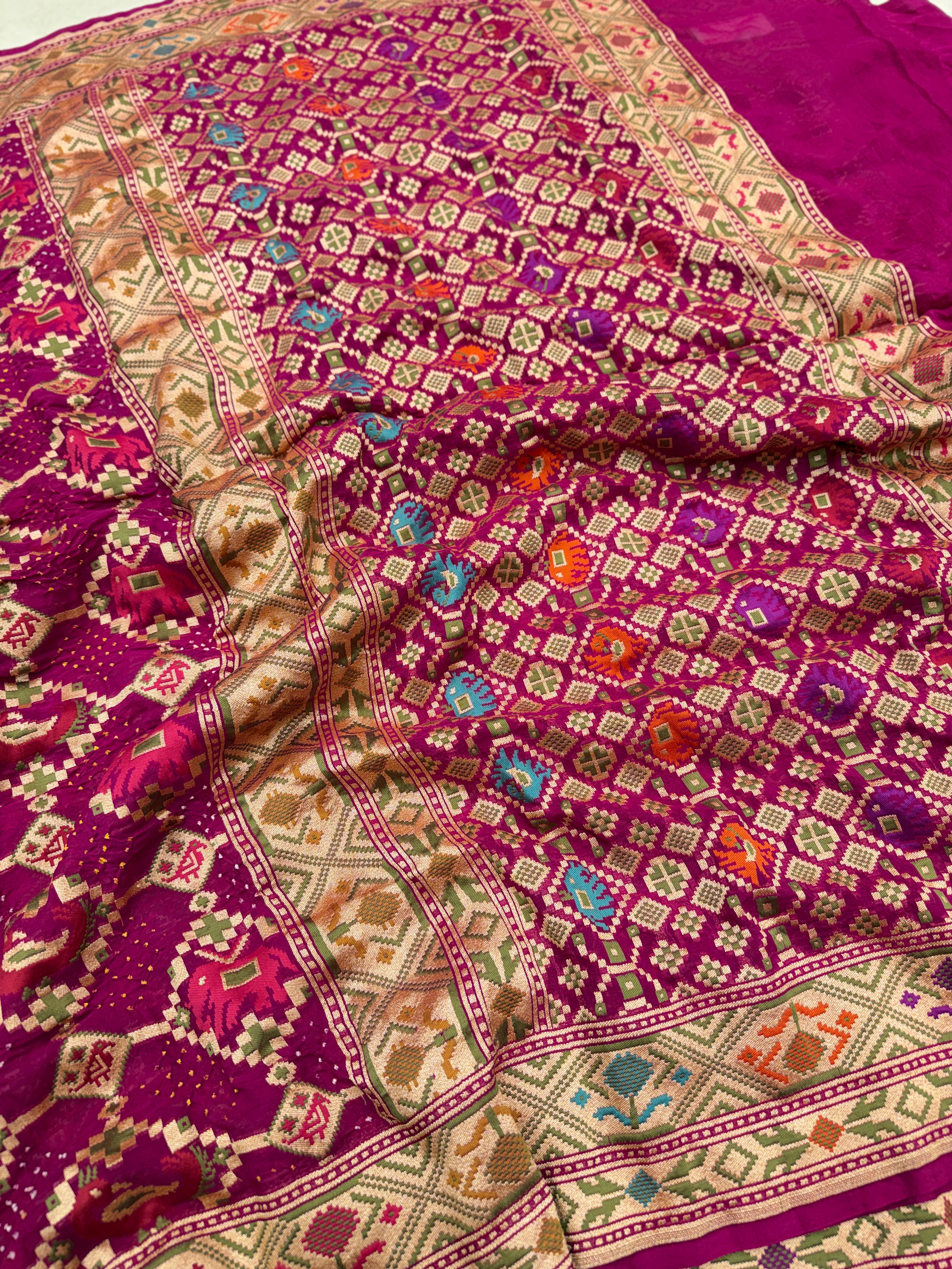 Wine Meenakari Pure Handloom Patola Style Rai Bandhej Georgette Saree