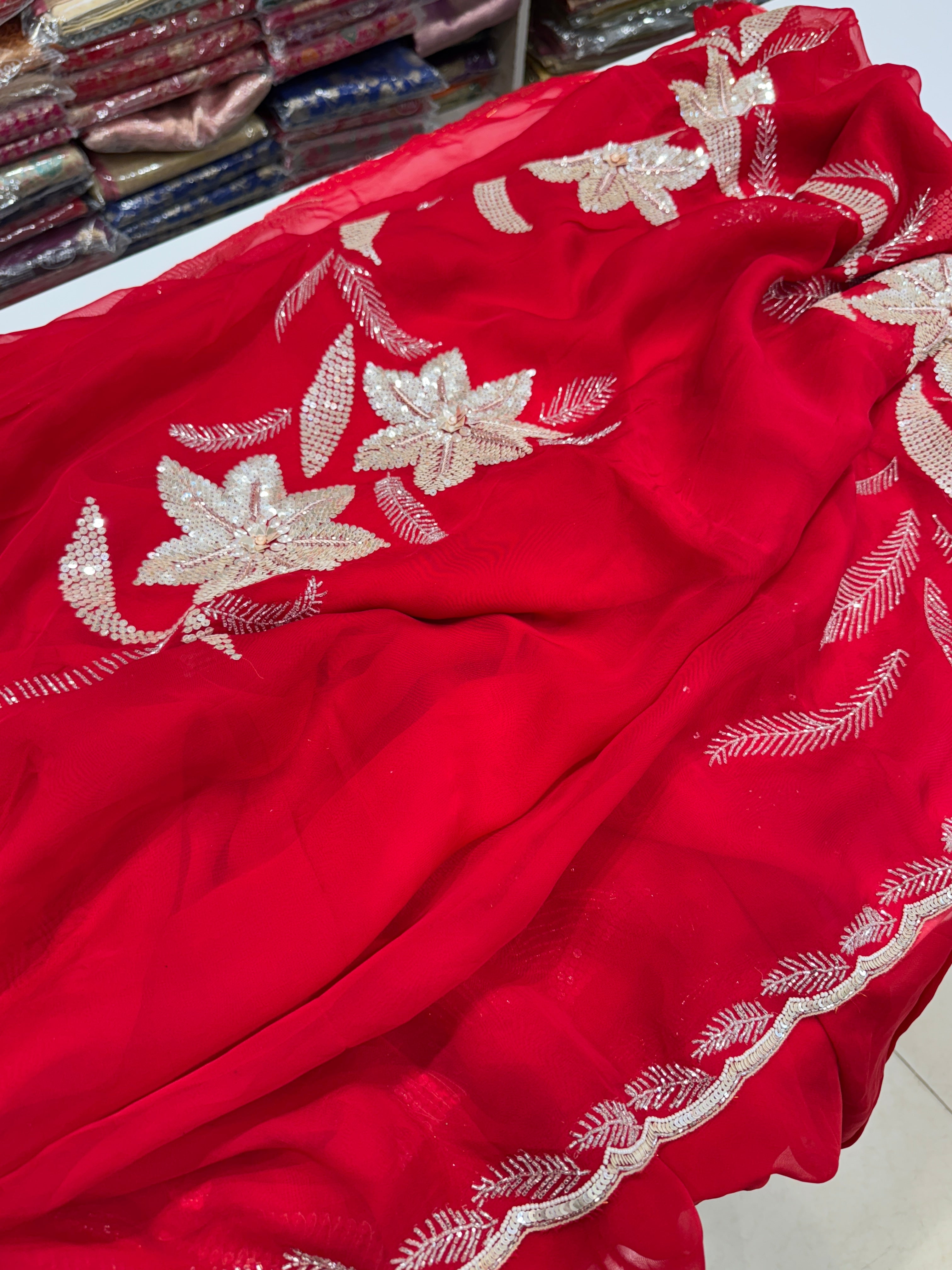 Red Satin Organza Floral Embroidery Saree