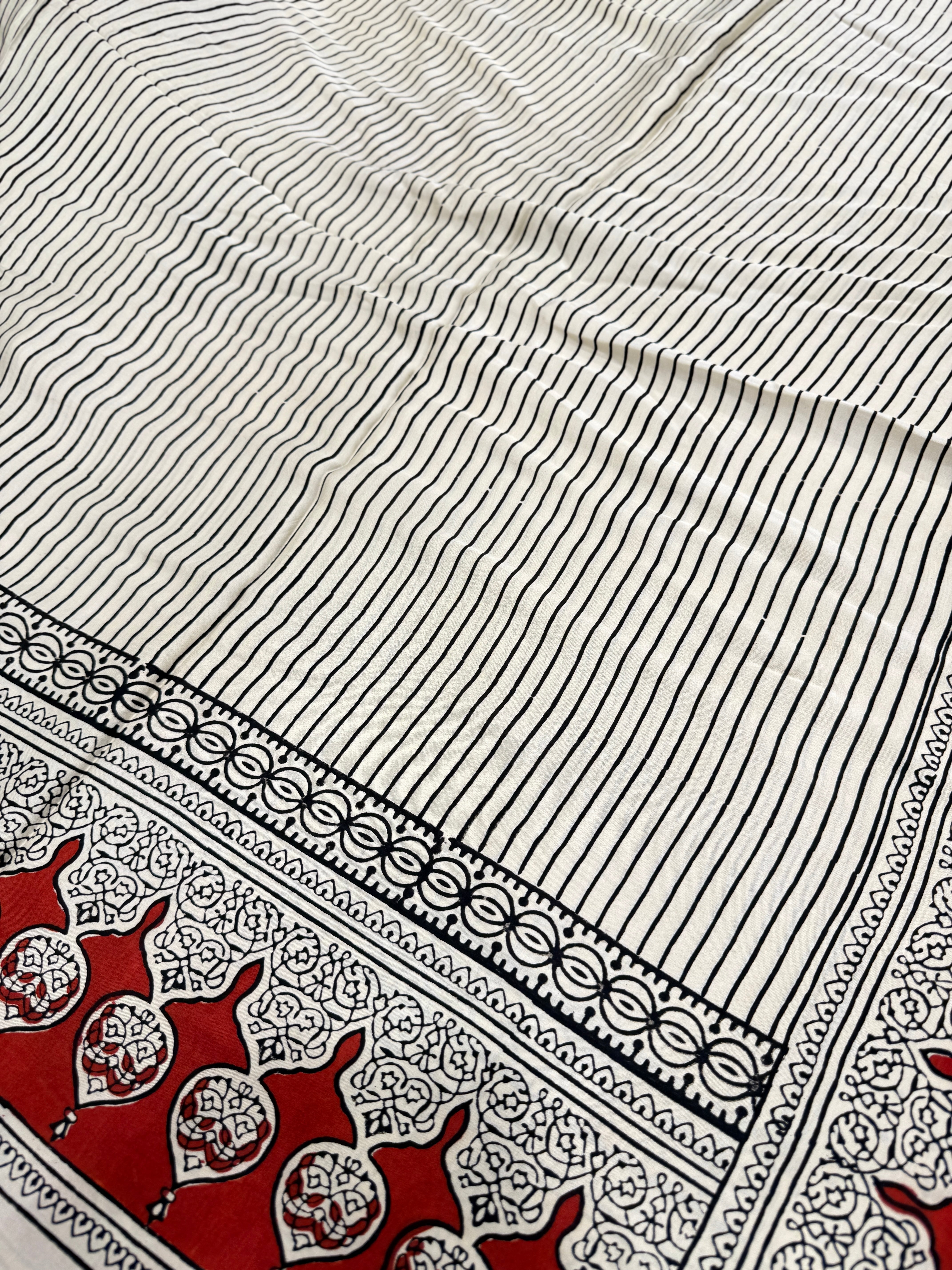 White Contemporary Temple Border Ajrakh Block Print Hand Pure Gajji Silk Saree