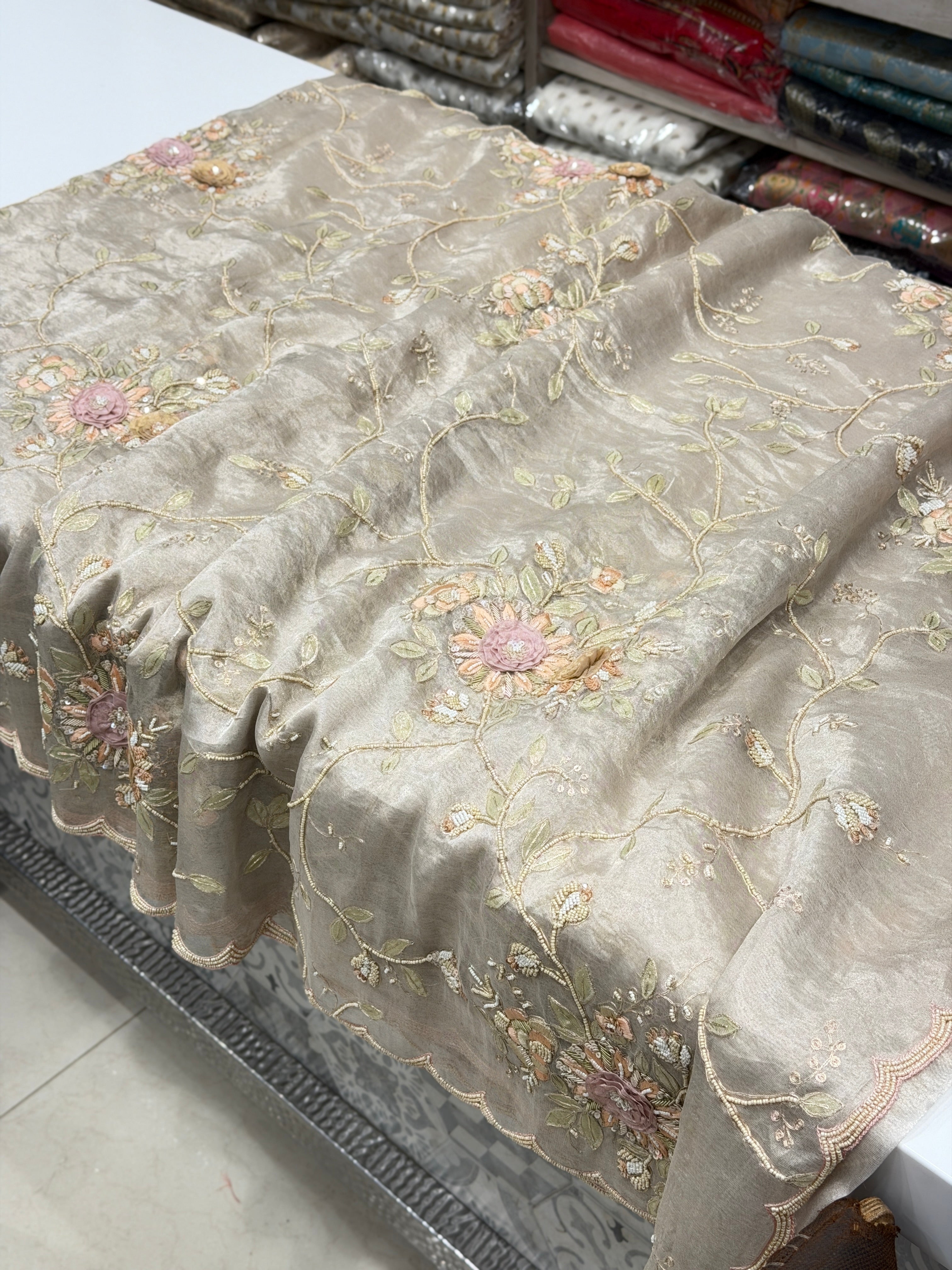 Silver Tissue Three D Zardosi Pita Hand Embroidery Moti Saree