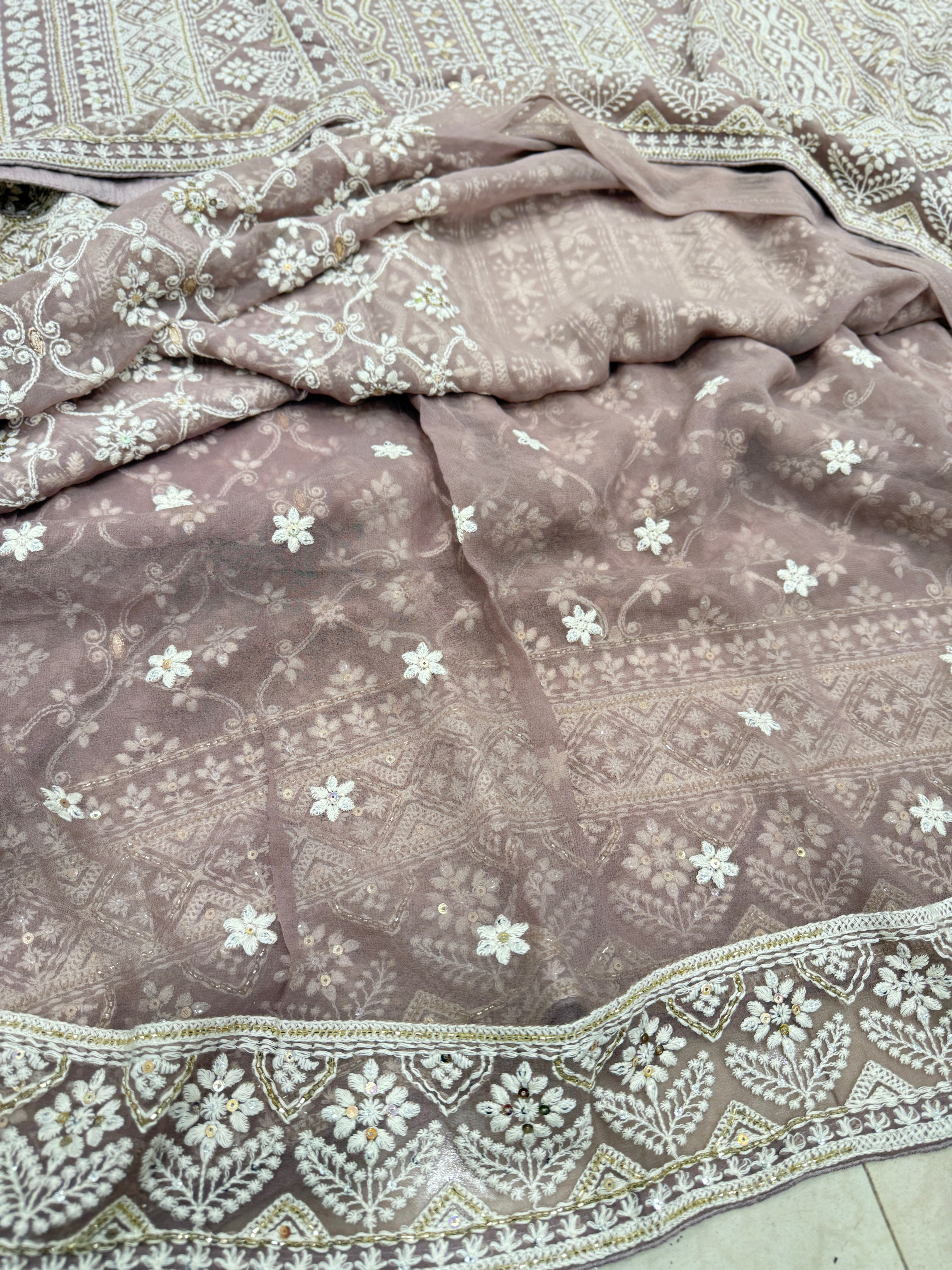 Mauve Pink Jaal Chikankari on Georgette with Cutdana Hand Embroidery