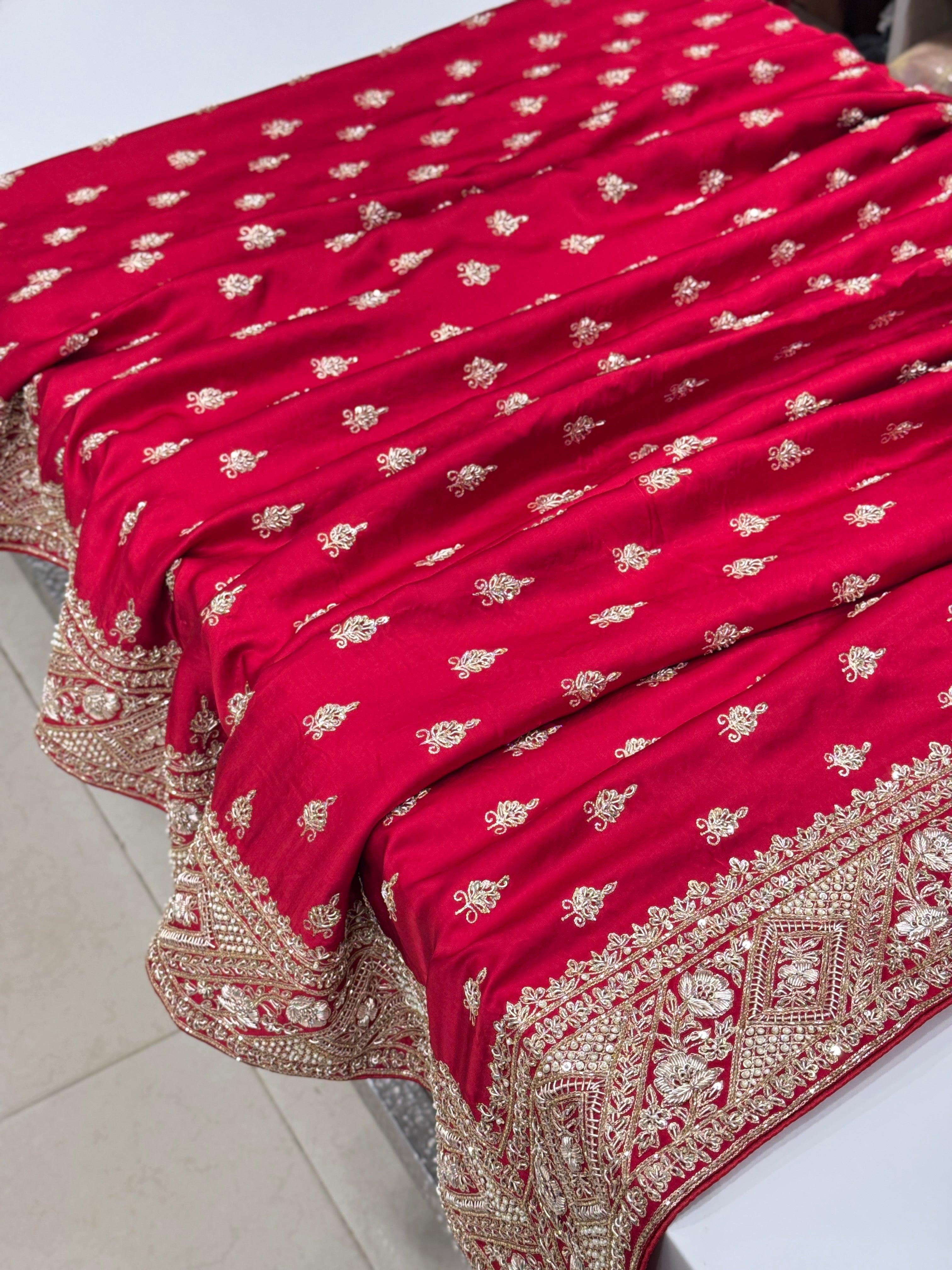 Red Hand Embroidery Buttis Pure Satin Zardosi Embroidery