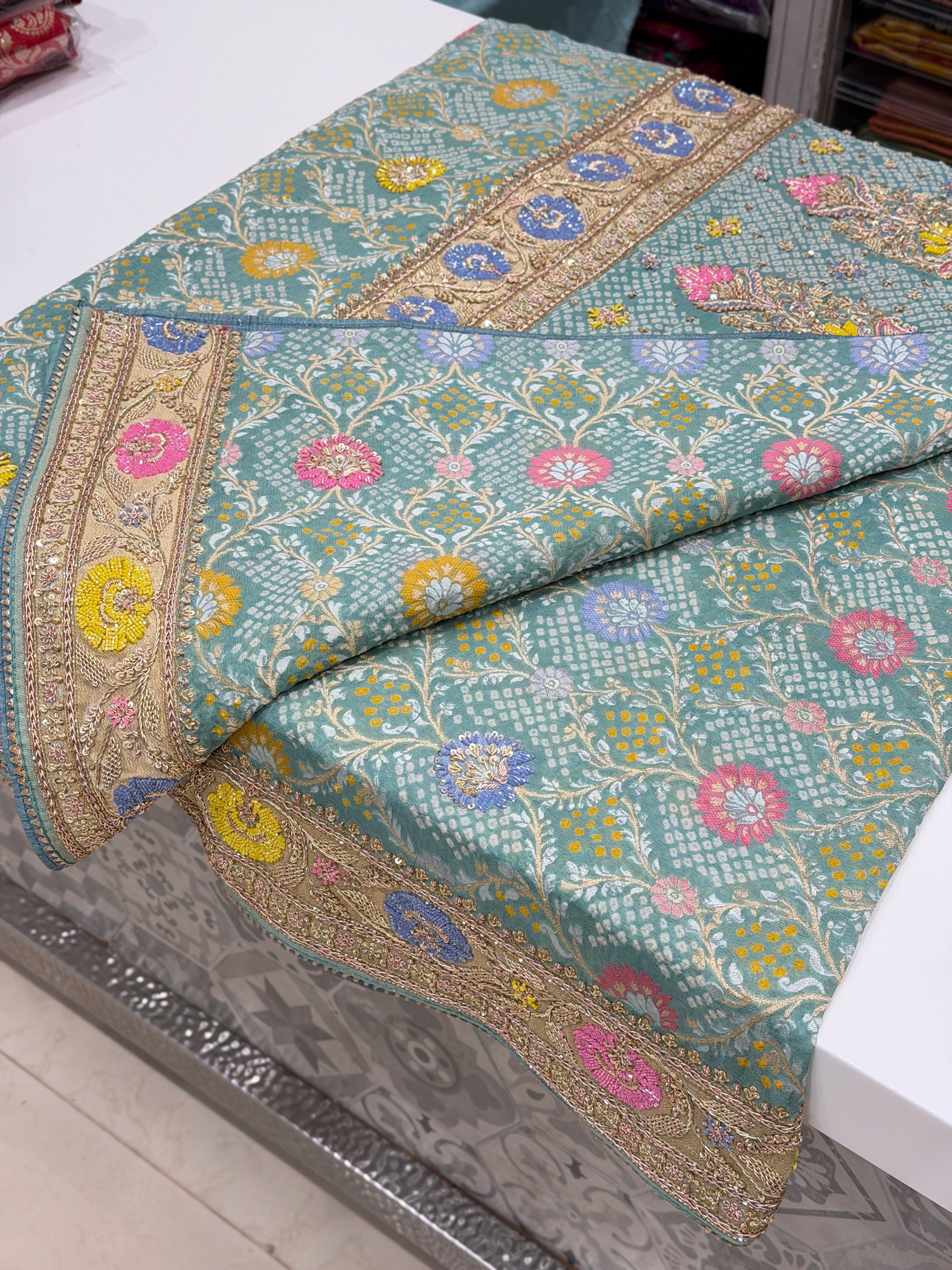 Pastel Powder Blue Meenakari Bandhej Zardodi Sequin Hand Embroidery Saree