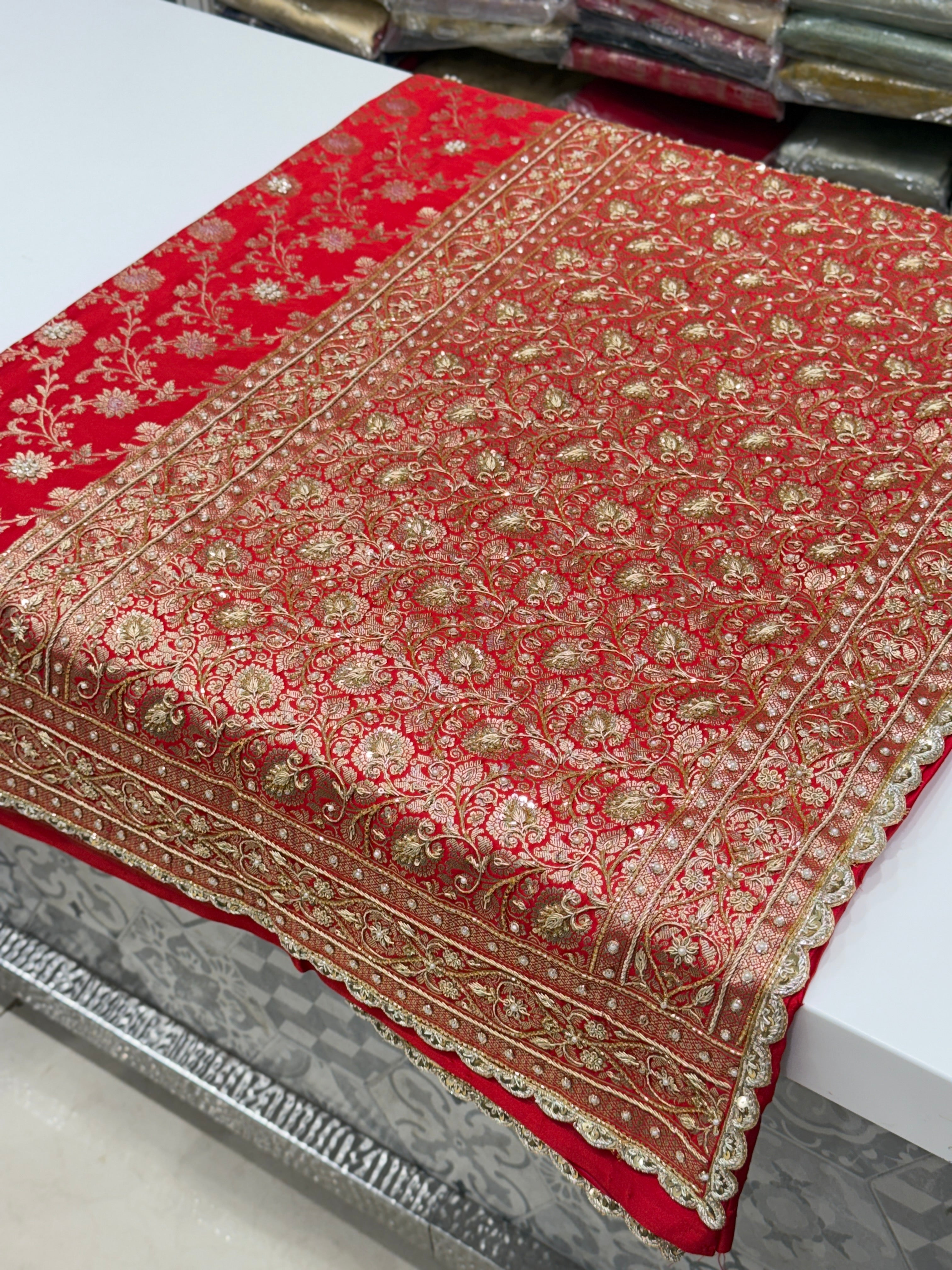 Red Small Jaal Banarasi Zardosi Embroidery Saree