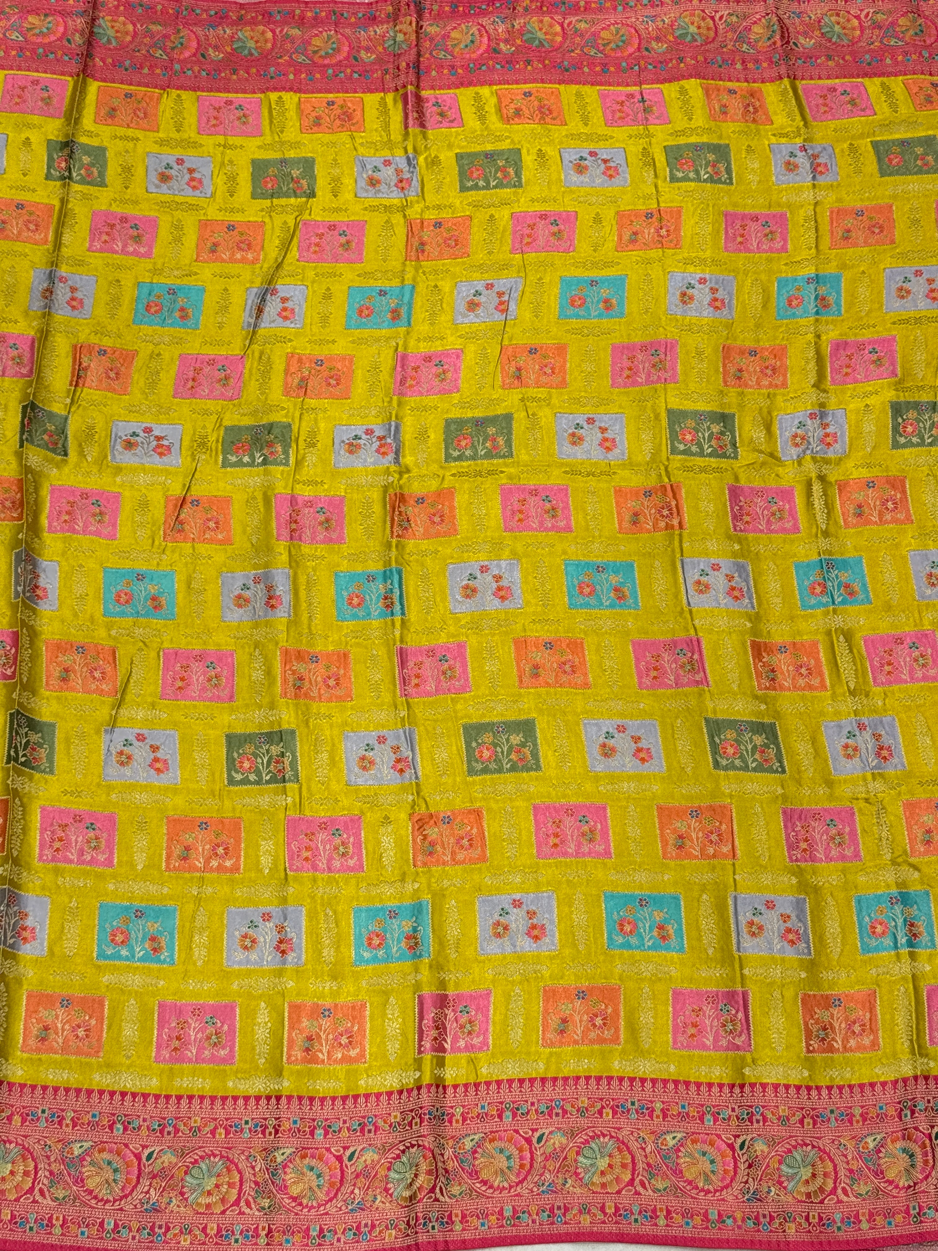 Yellow Box Check Banarasi Modal Satin Rangkat Saree