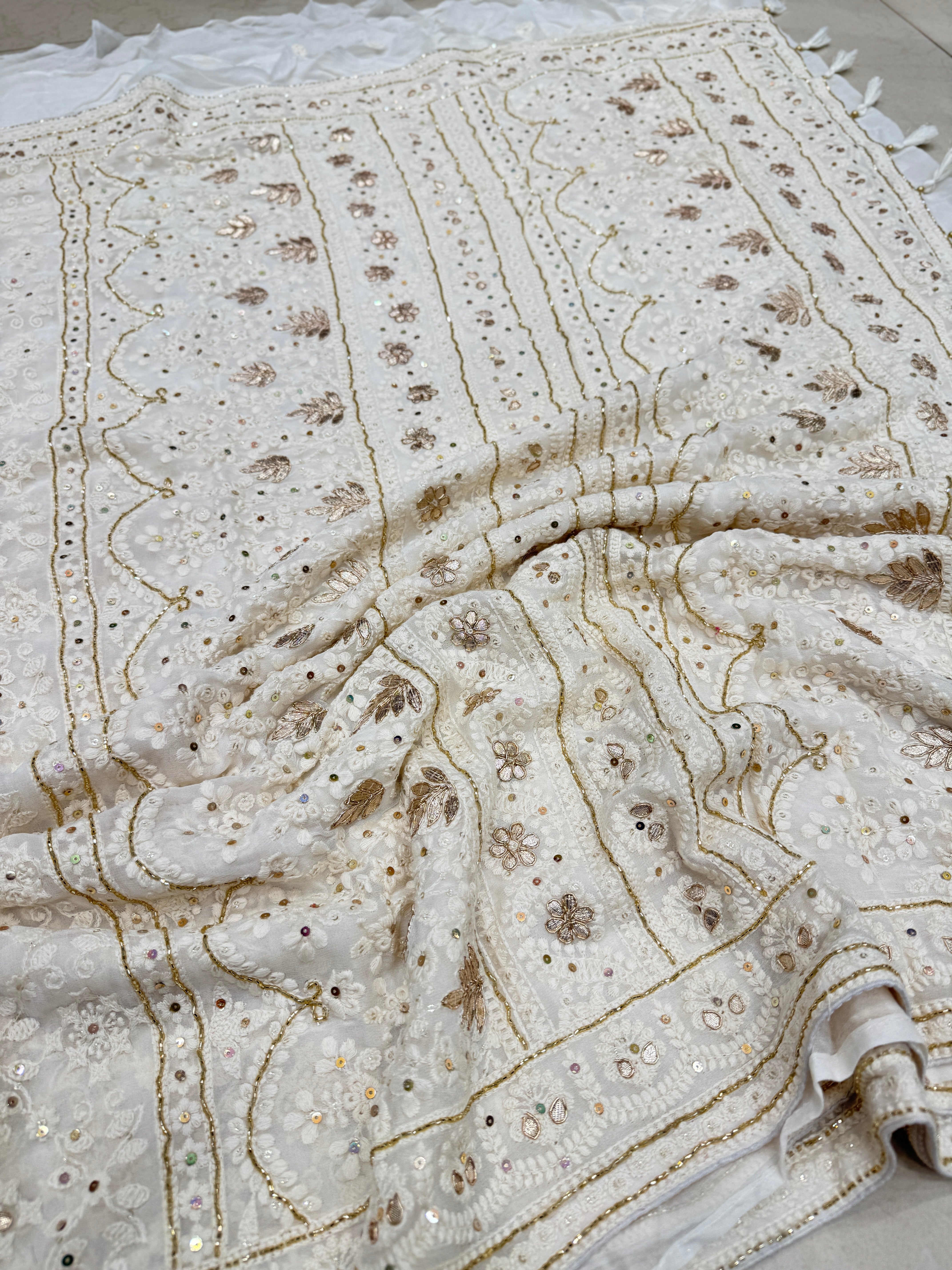 White Chikankari on Georgette with Cutdana Hand Embroidery
