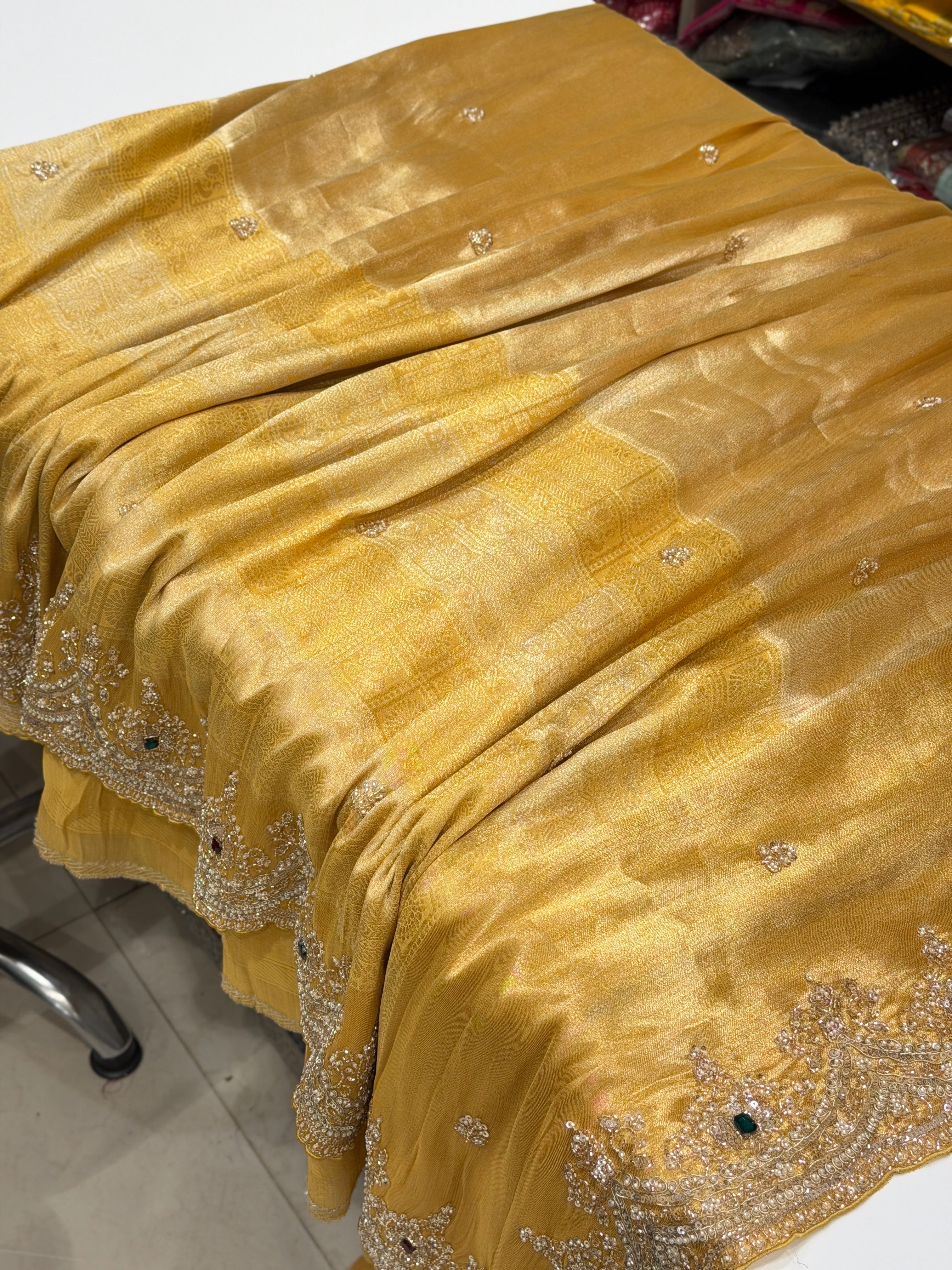 Yellow Tissue Crepe Kanchi Style Weave Crystal Embroidery Saree