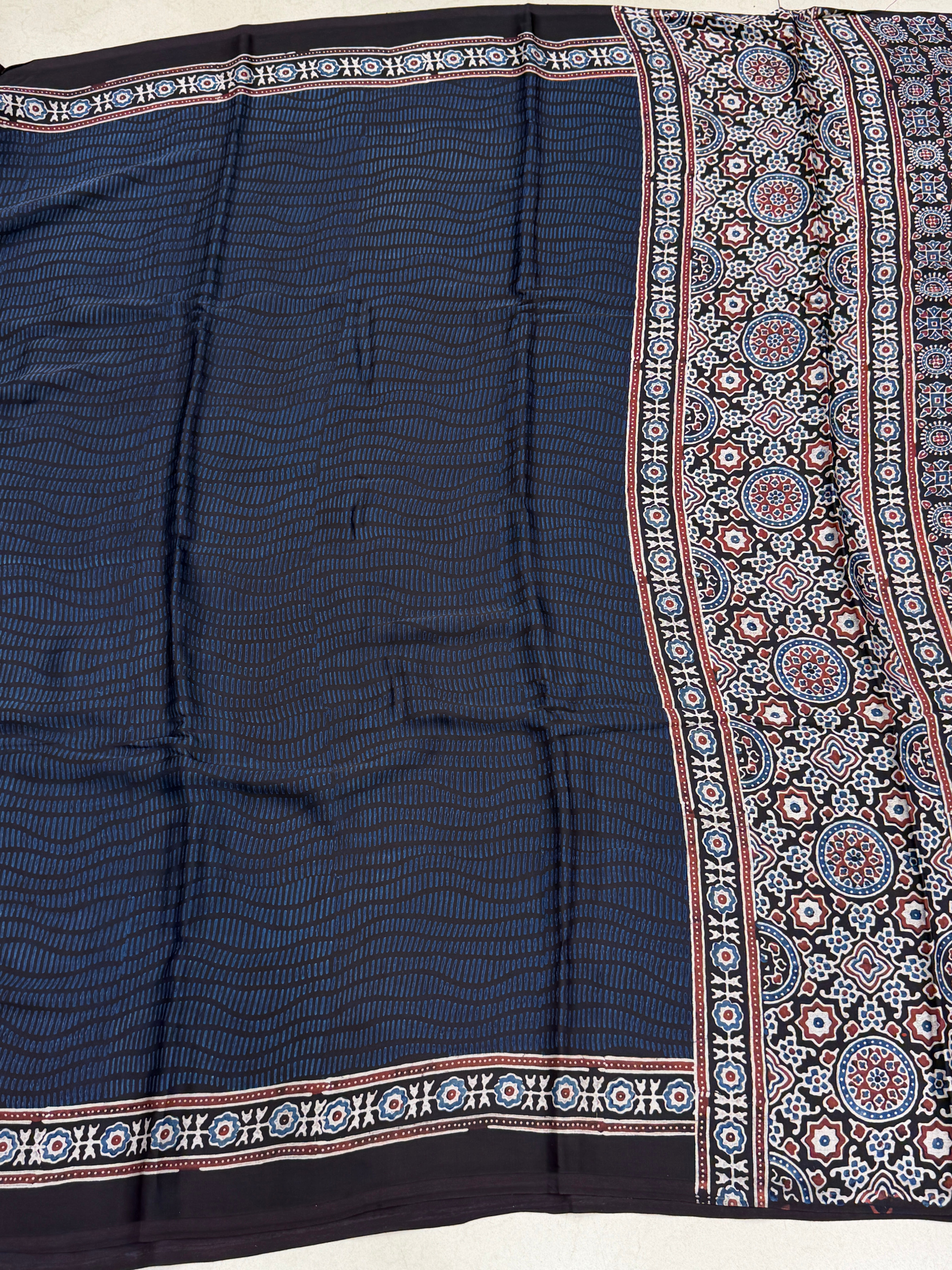 Blue Squiggly Lines Ajrakh Hand Block Print Pure Modal Silk Saree