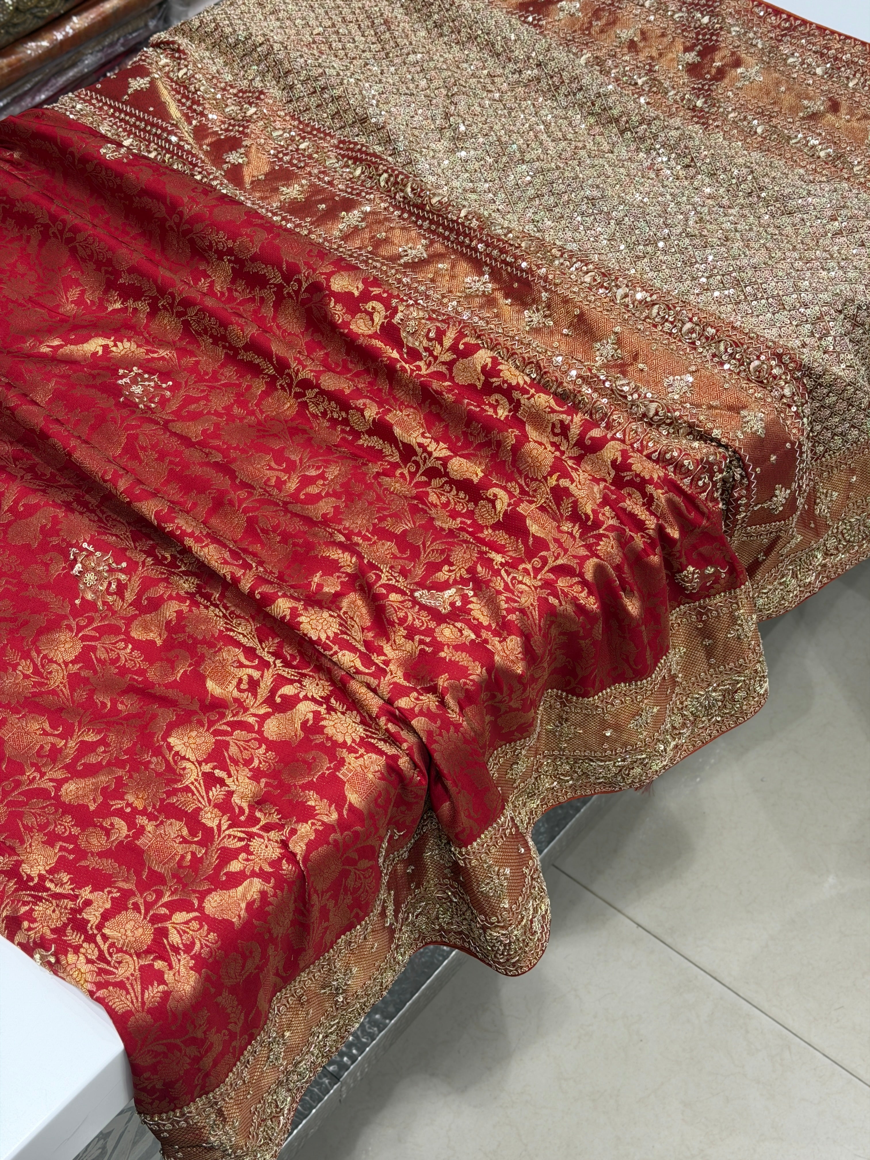 Maroonish Red Shikara Kanjivaram Hand Embroidery Zardosi Saree