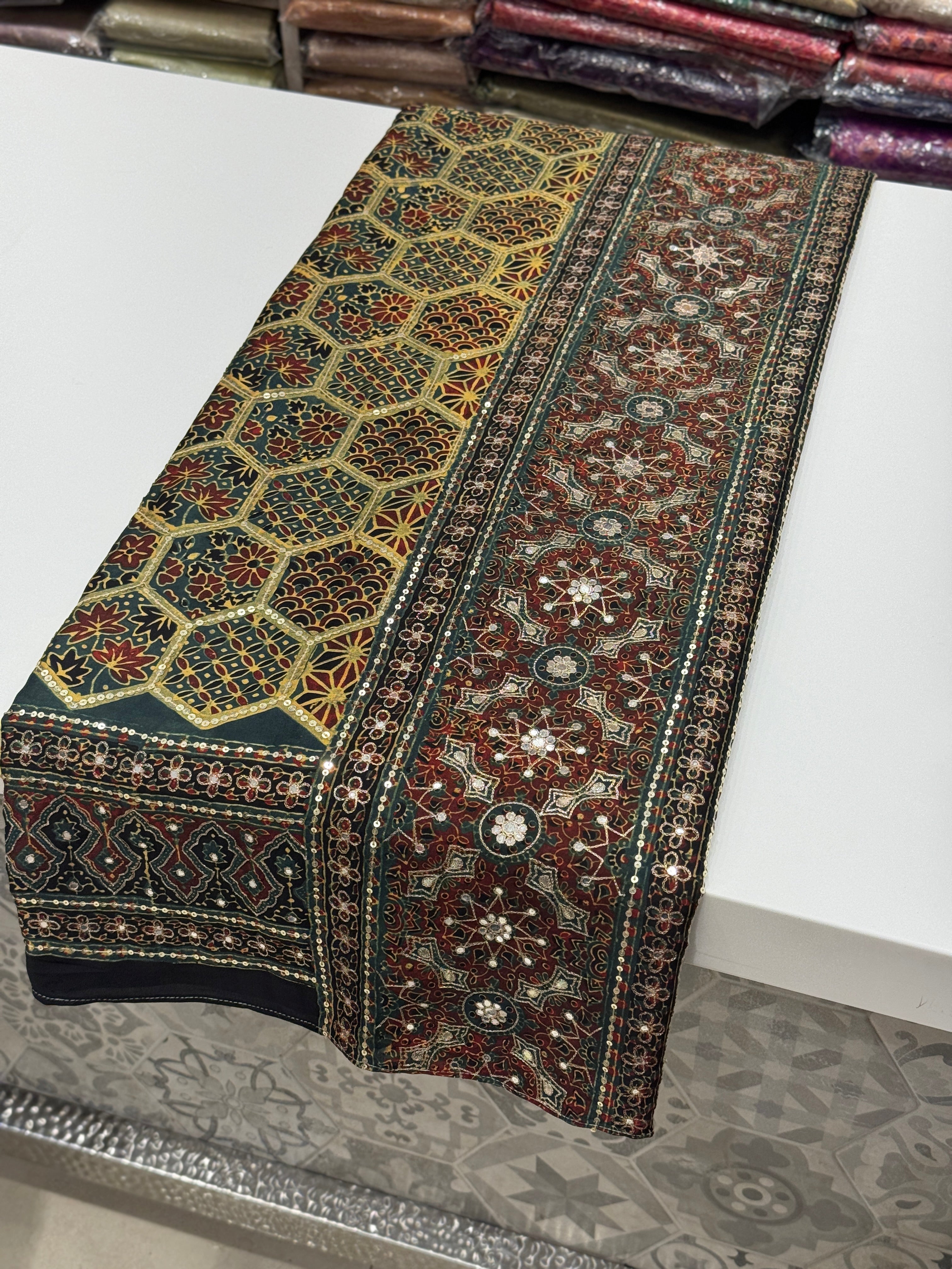 Mustard Rama Jaal Abstract Pita Sequin Ajrakh Hand Embroidery Saree