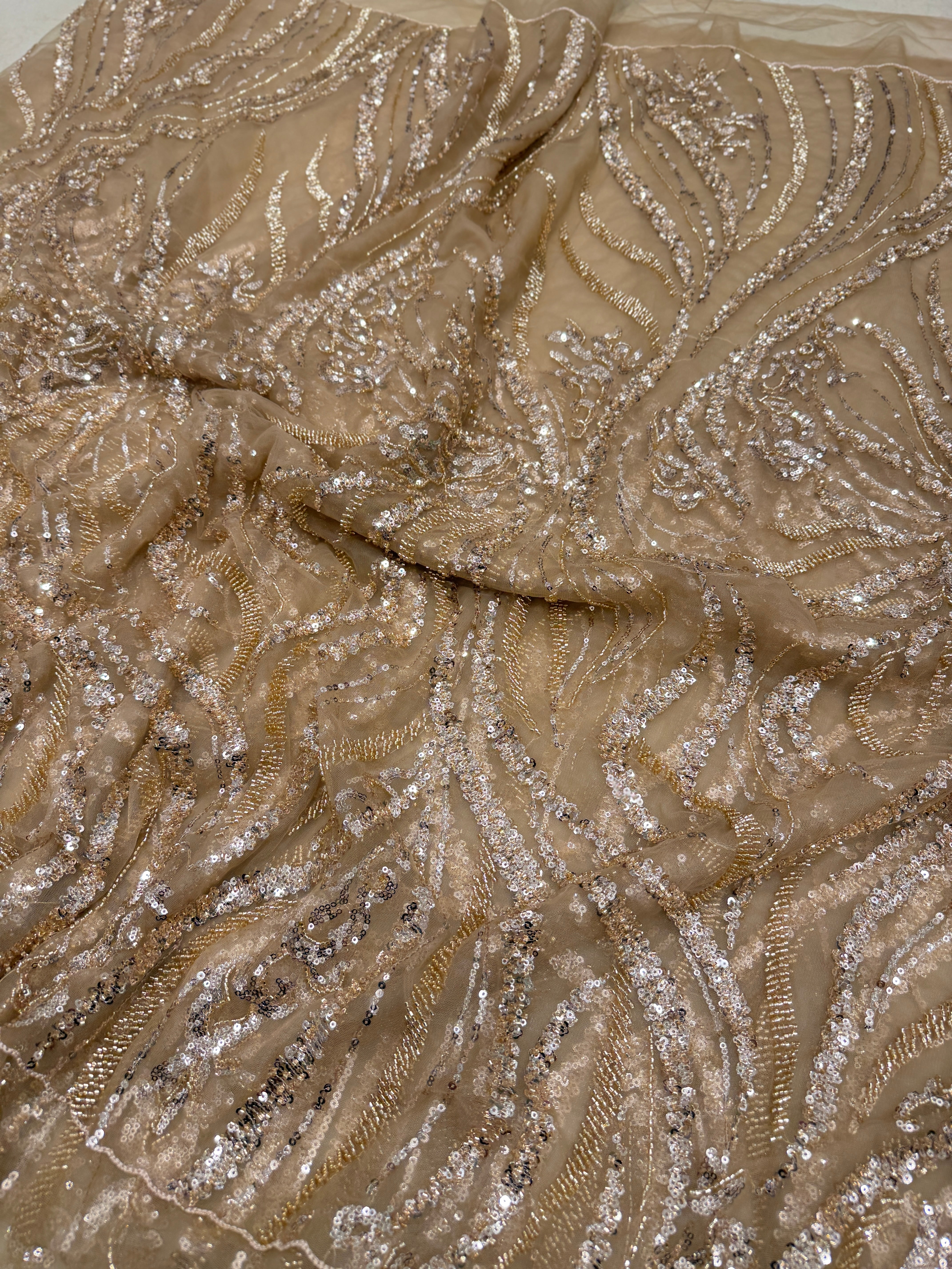 Champagne Gold Net Embroidery Moti Sequin Jaal Saree