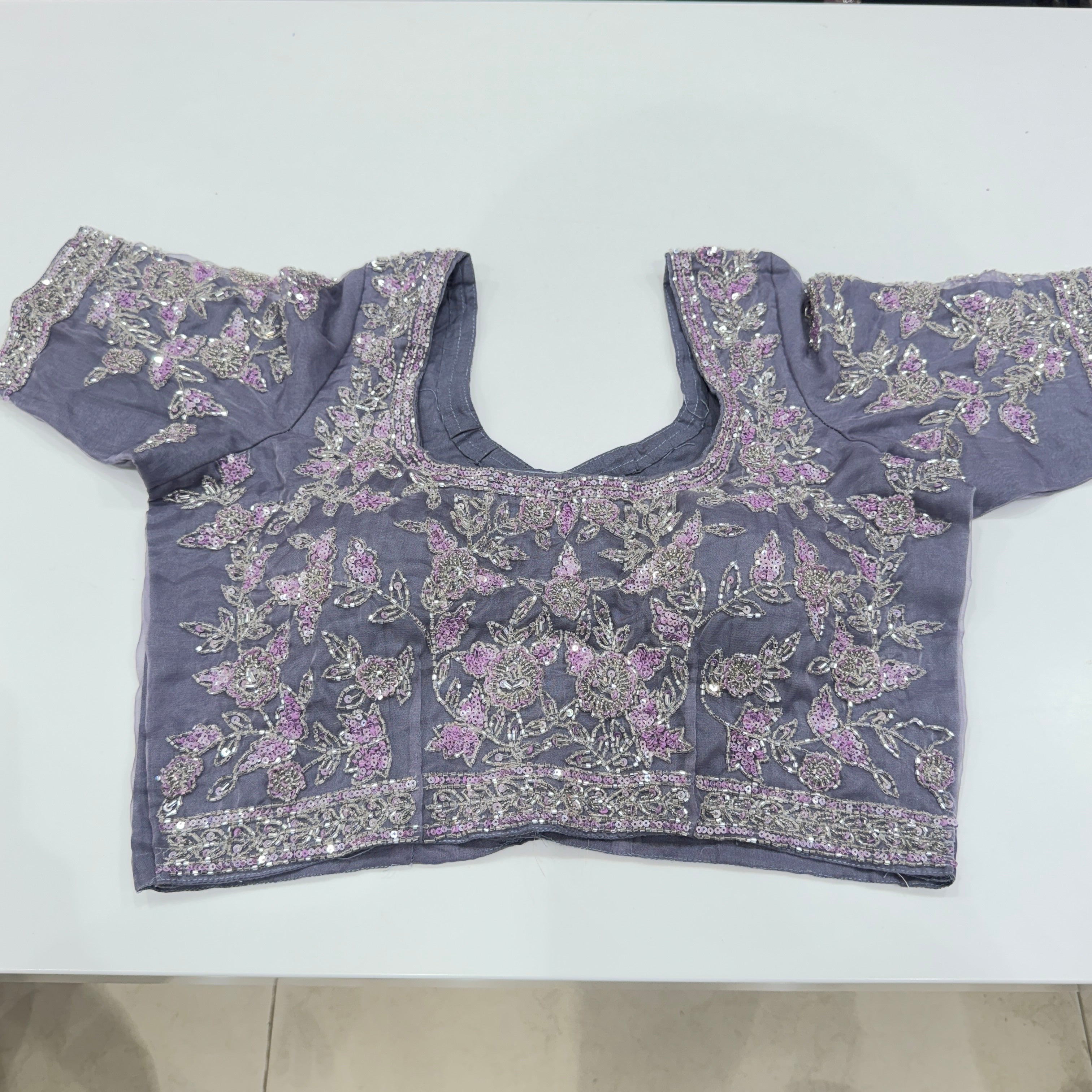 Dark Lilac Organza Hand Embroidered Ready Blouse