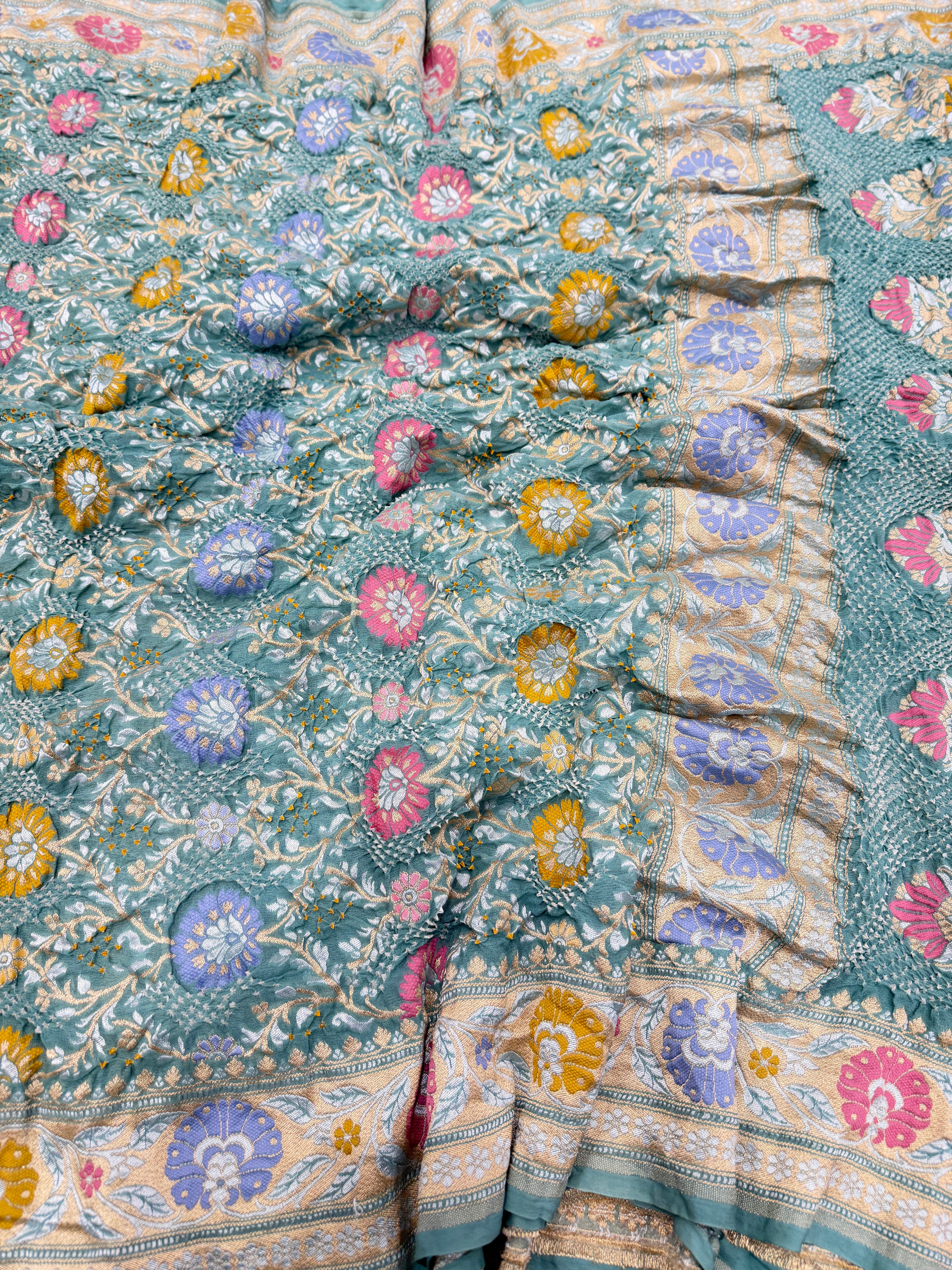 Pastel Sea Green Meenakari Jaal Pure Handloom Bandhej Georgette Saree