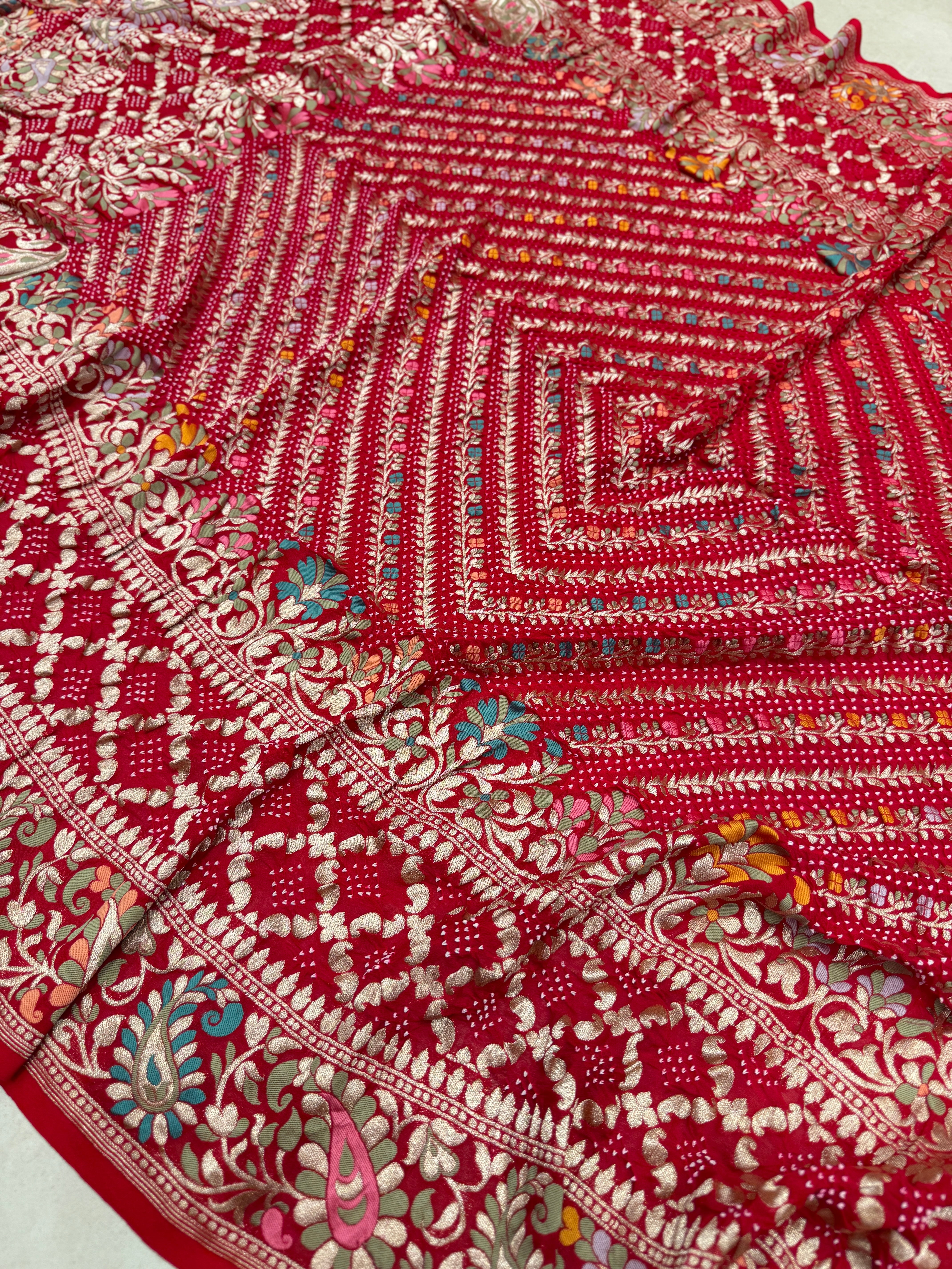 Red Jaal Double Border Handloom Meenakari Rai Bandhej Pure Zari Dupatta