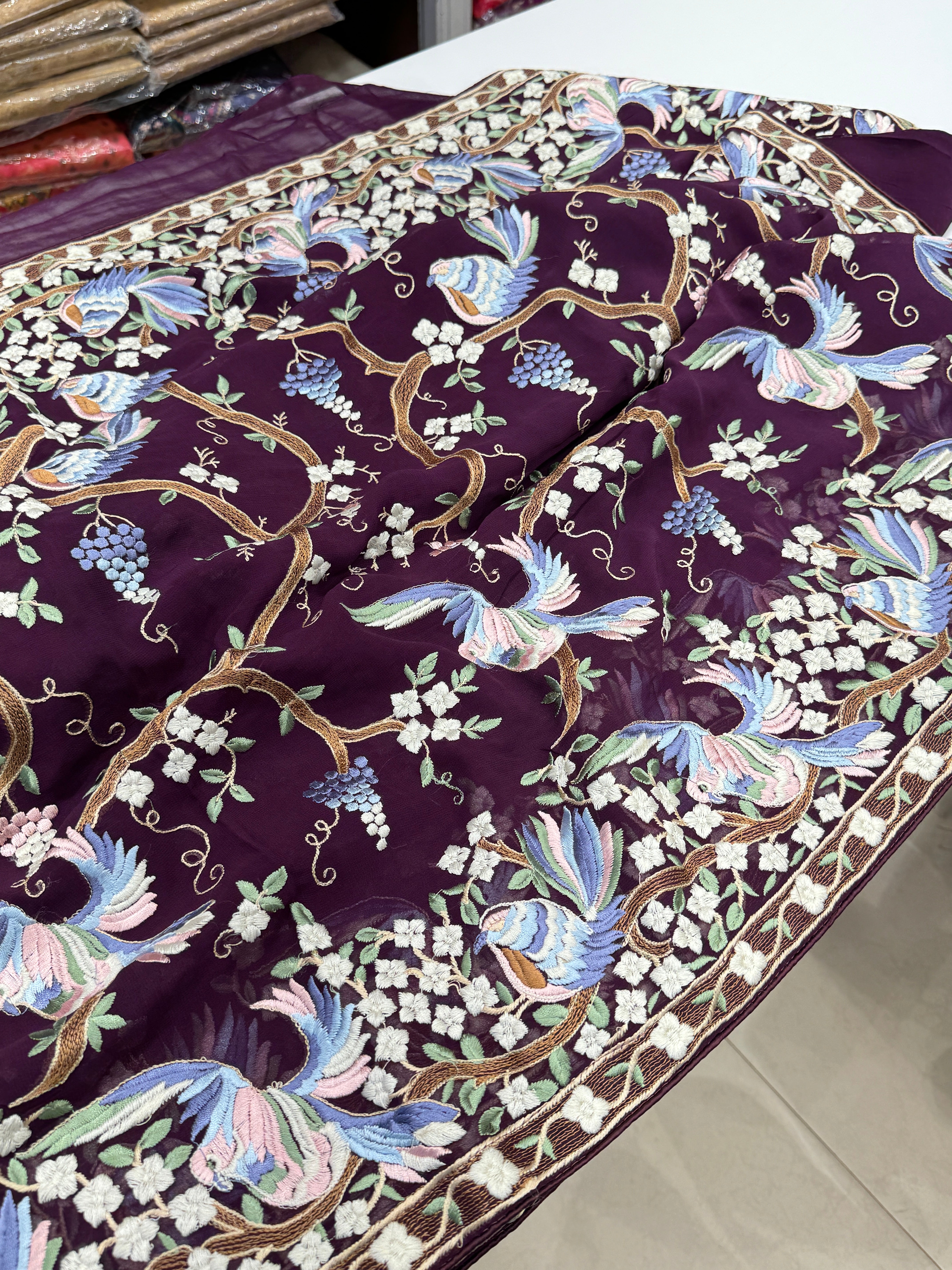 Wine Parsi Gara with Chakla Chakli Design Saree