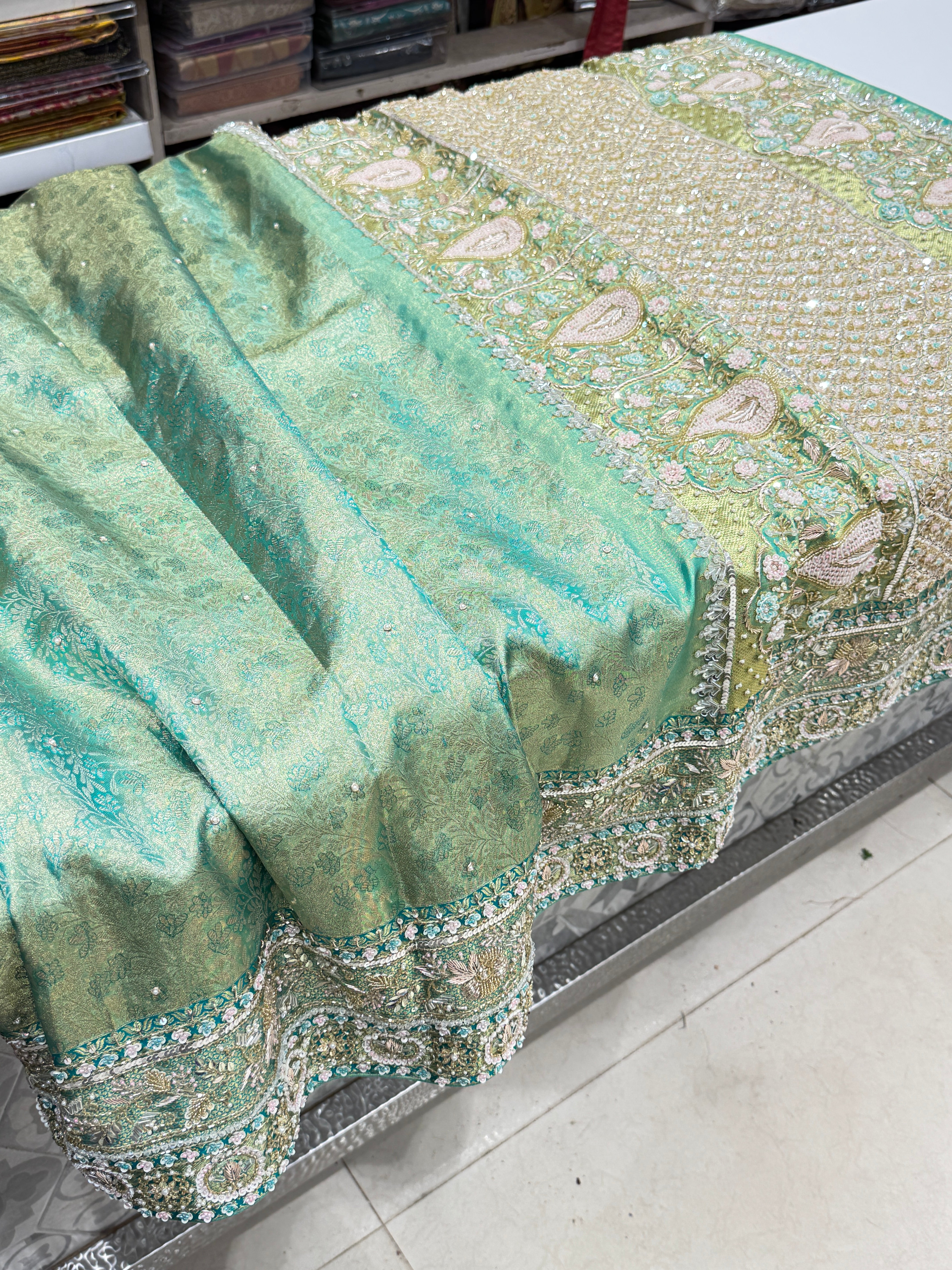Pista Green Tissue Kanjivaram Hand Embroidery Saree