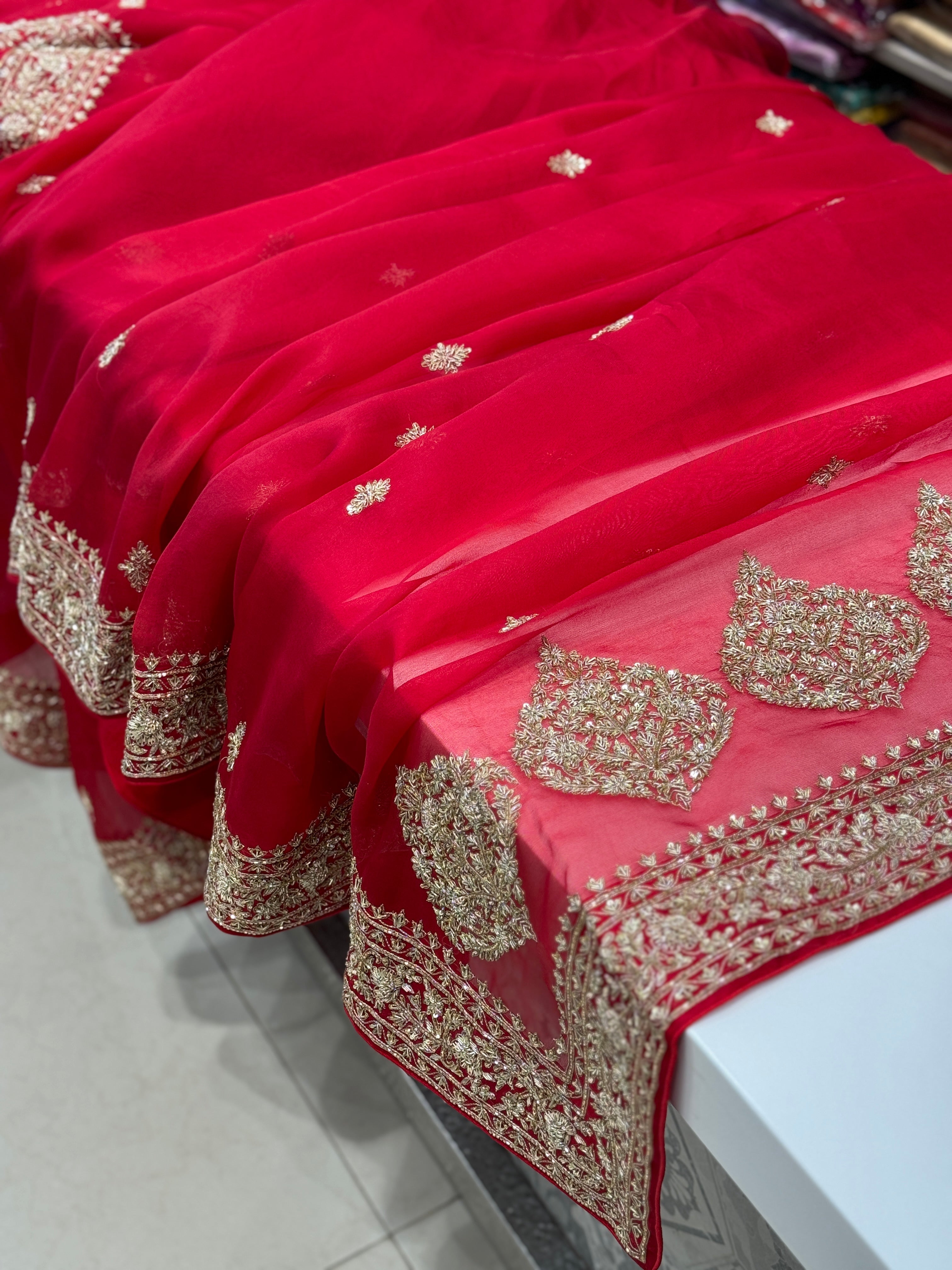 Red Pure Organza Zardosi Embroidery Saree