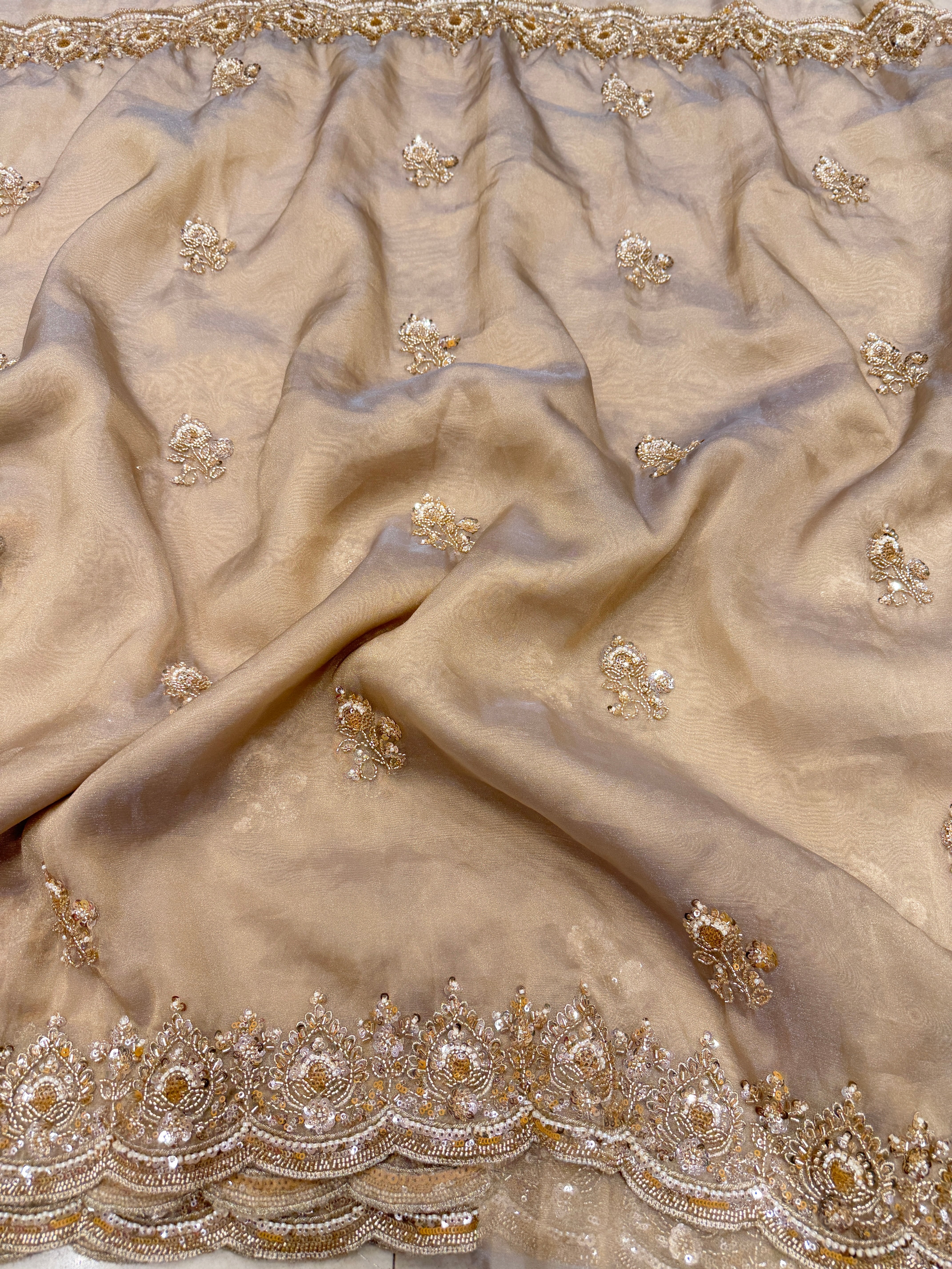 Gold Tissue Organza Moti Sequin Embroidery Heavy Blouse Saree