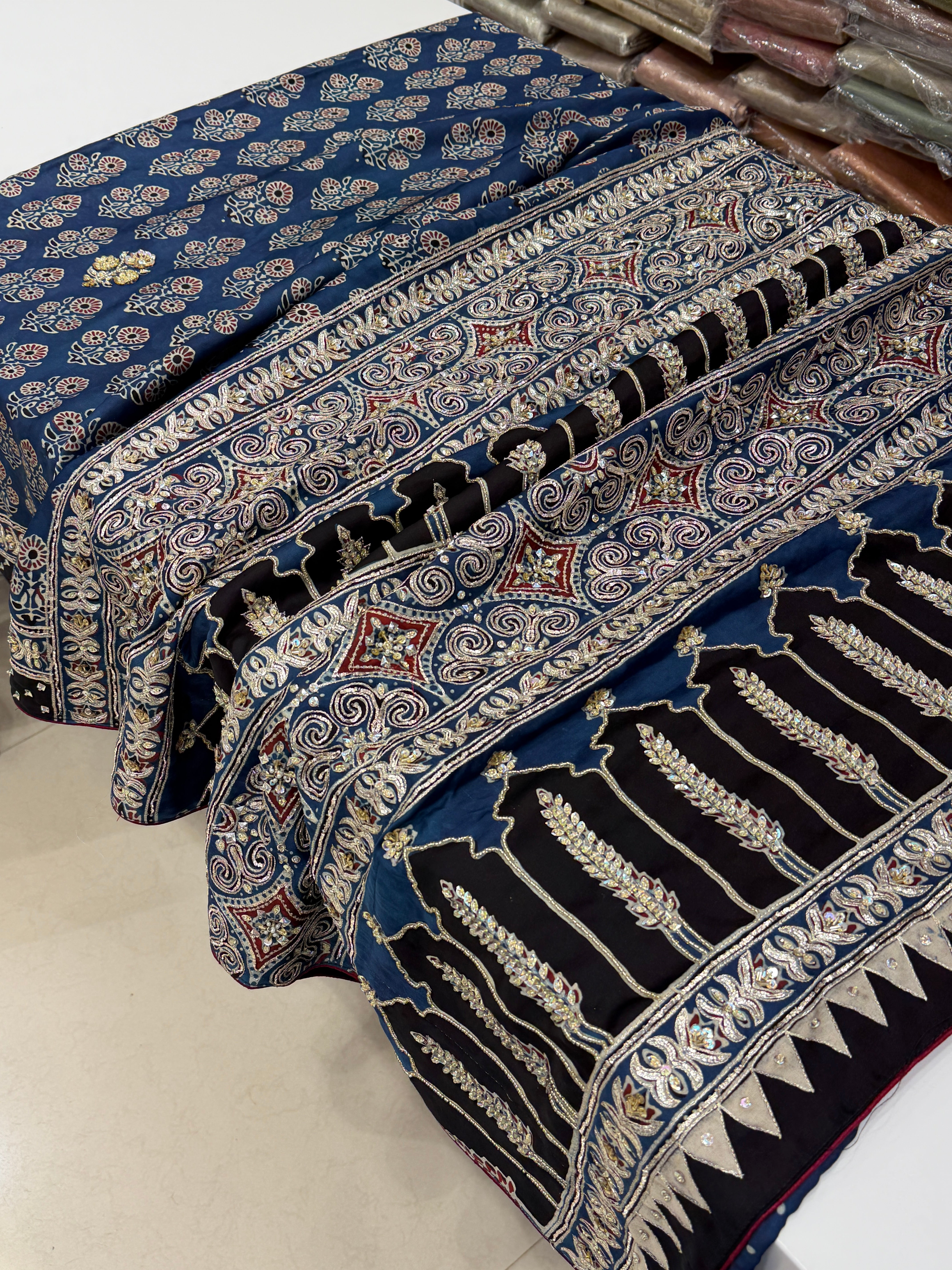 Blue Buttas Pita Zardosi Sequin Ajrakh Hand Embroidery Saree