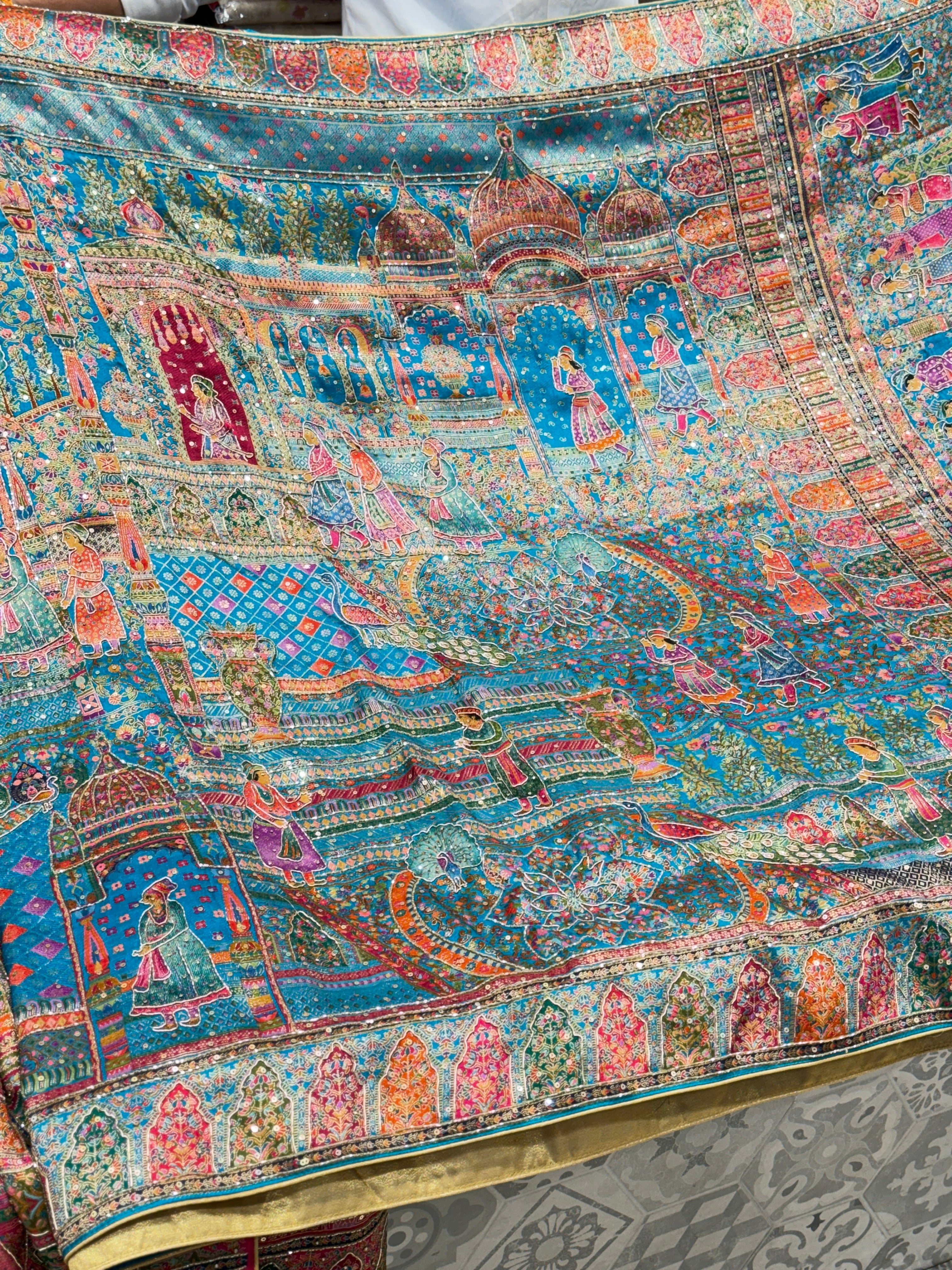 Firozi Blue Darbar Pashmina Style Weave with Hand Embroidery