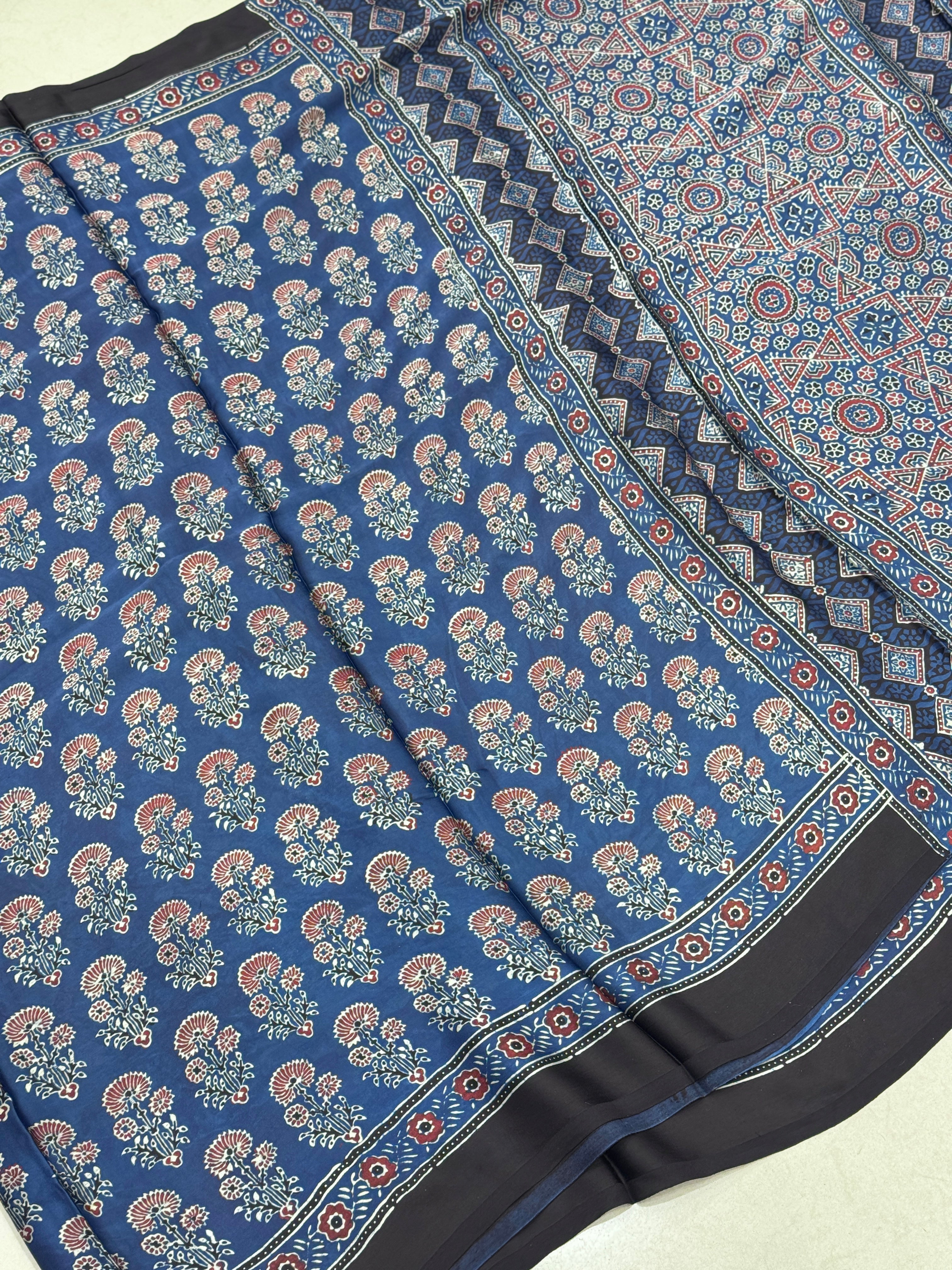 Blue Floral Buttas Floral Pallu Hand Block Print Ajrkah Pure Gajji Silk Saree