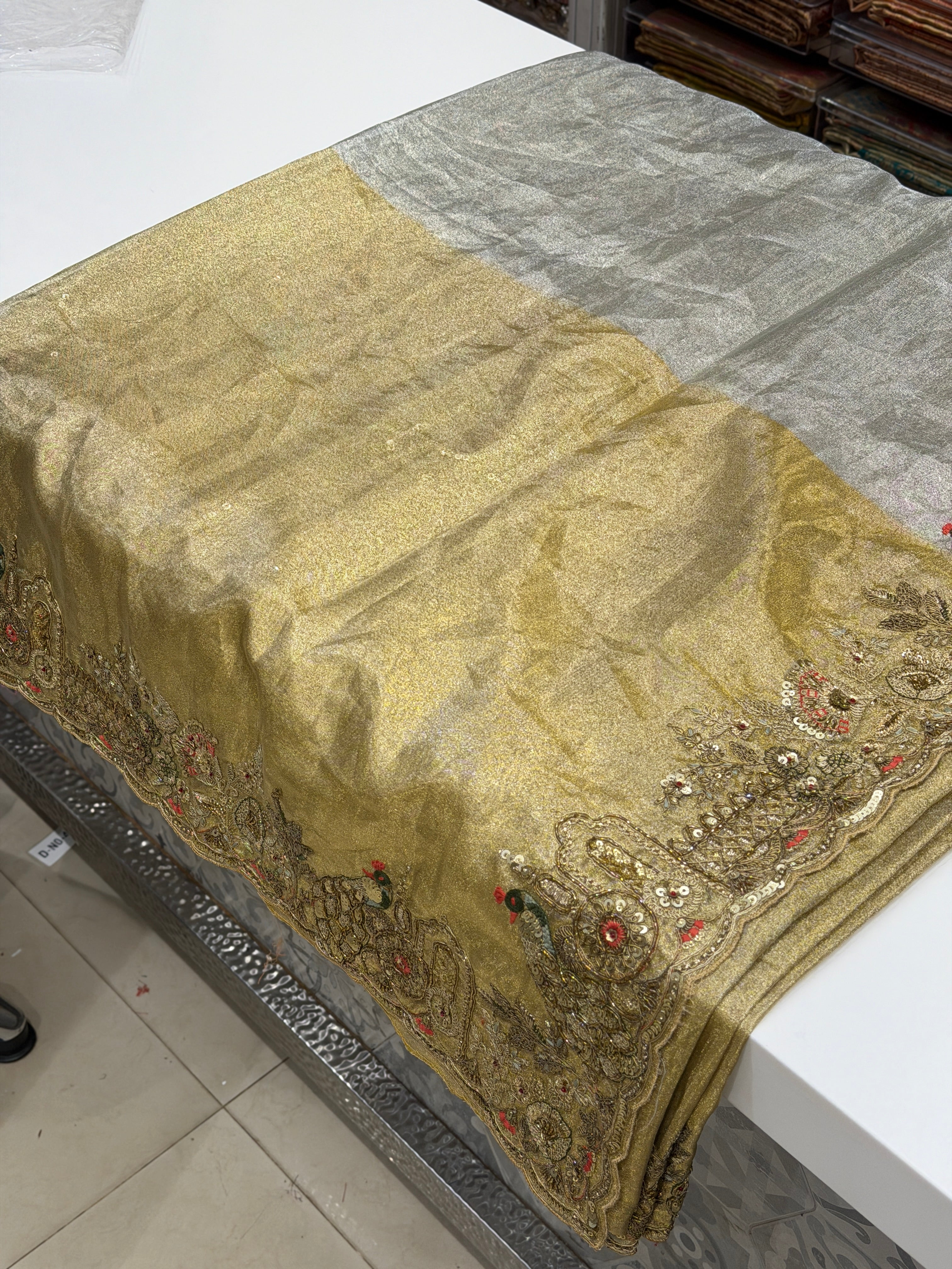 Tissue Silver Golden Embroidery Saree