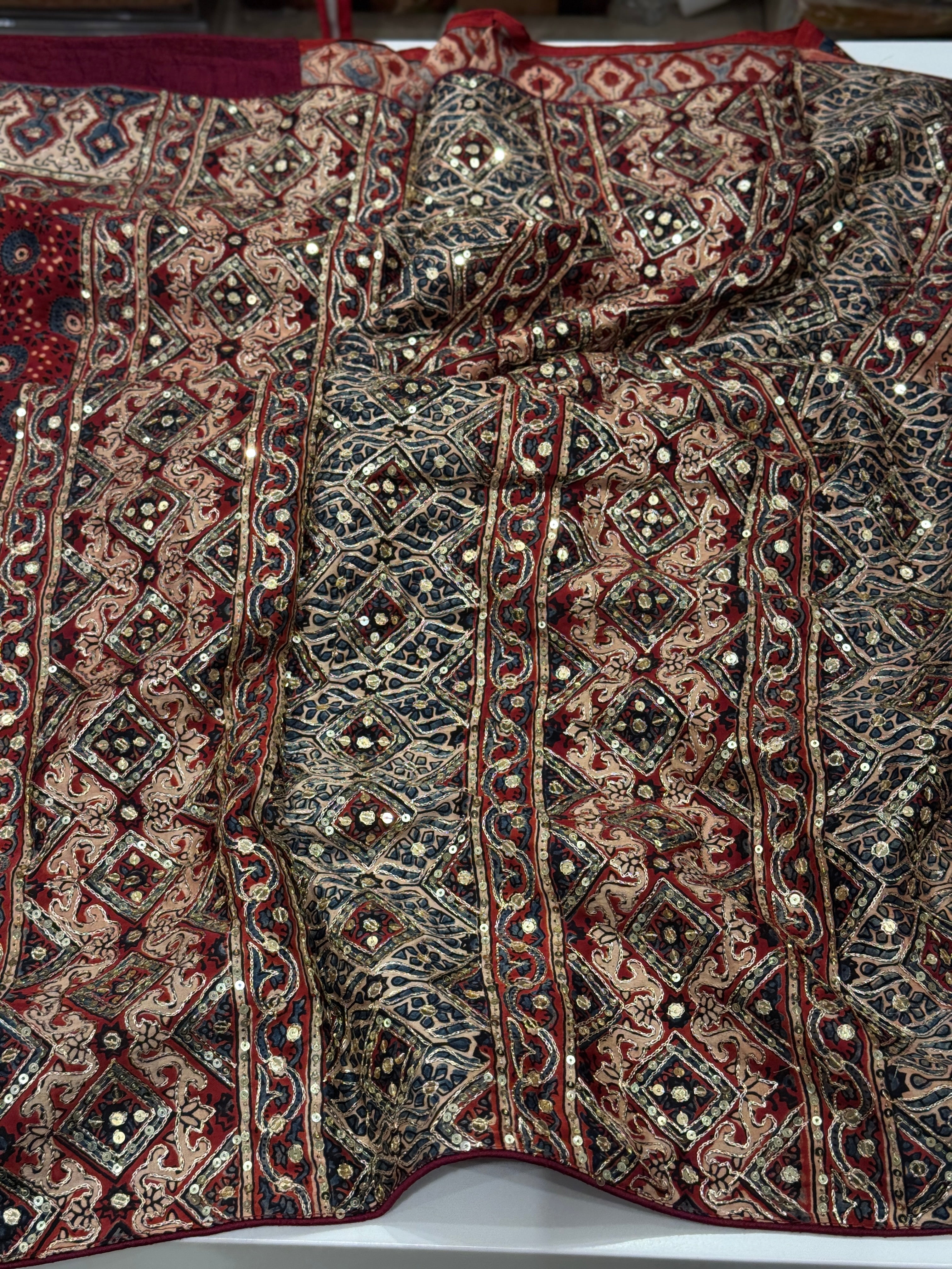 Red Blue Buttis Pita Zardosi Sequin Ajrakh Hand Embroidery Saree