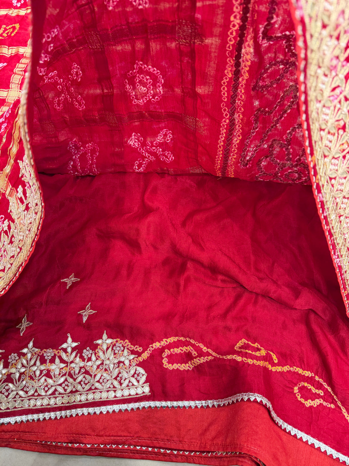 Red Bandhej Gharchola Marodi Gotapatti Hand Embroidery Saree