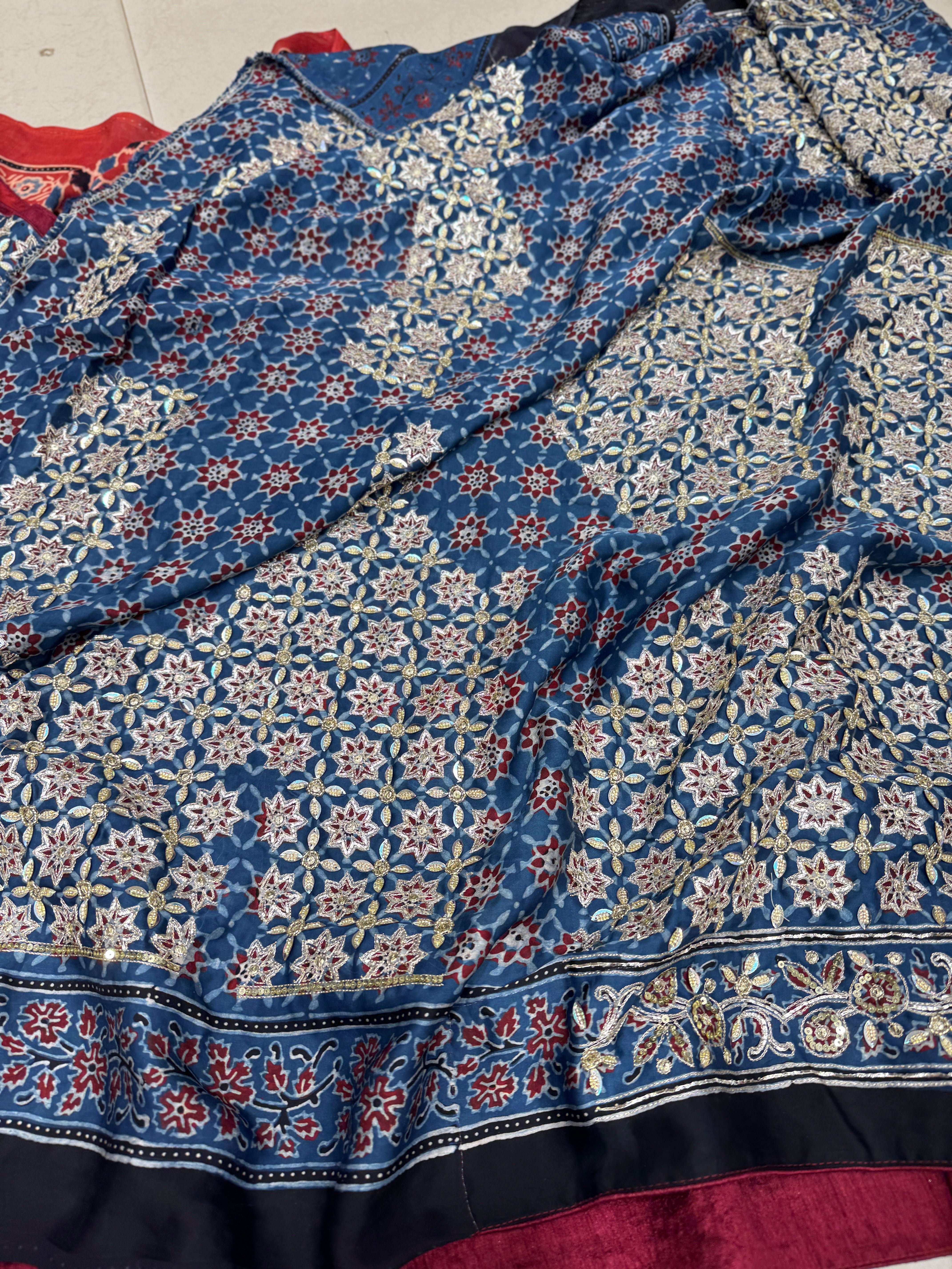 Red Blue Jali Buttas Pita Sequin Ajrakh Hand Embroidery Saree