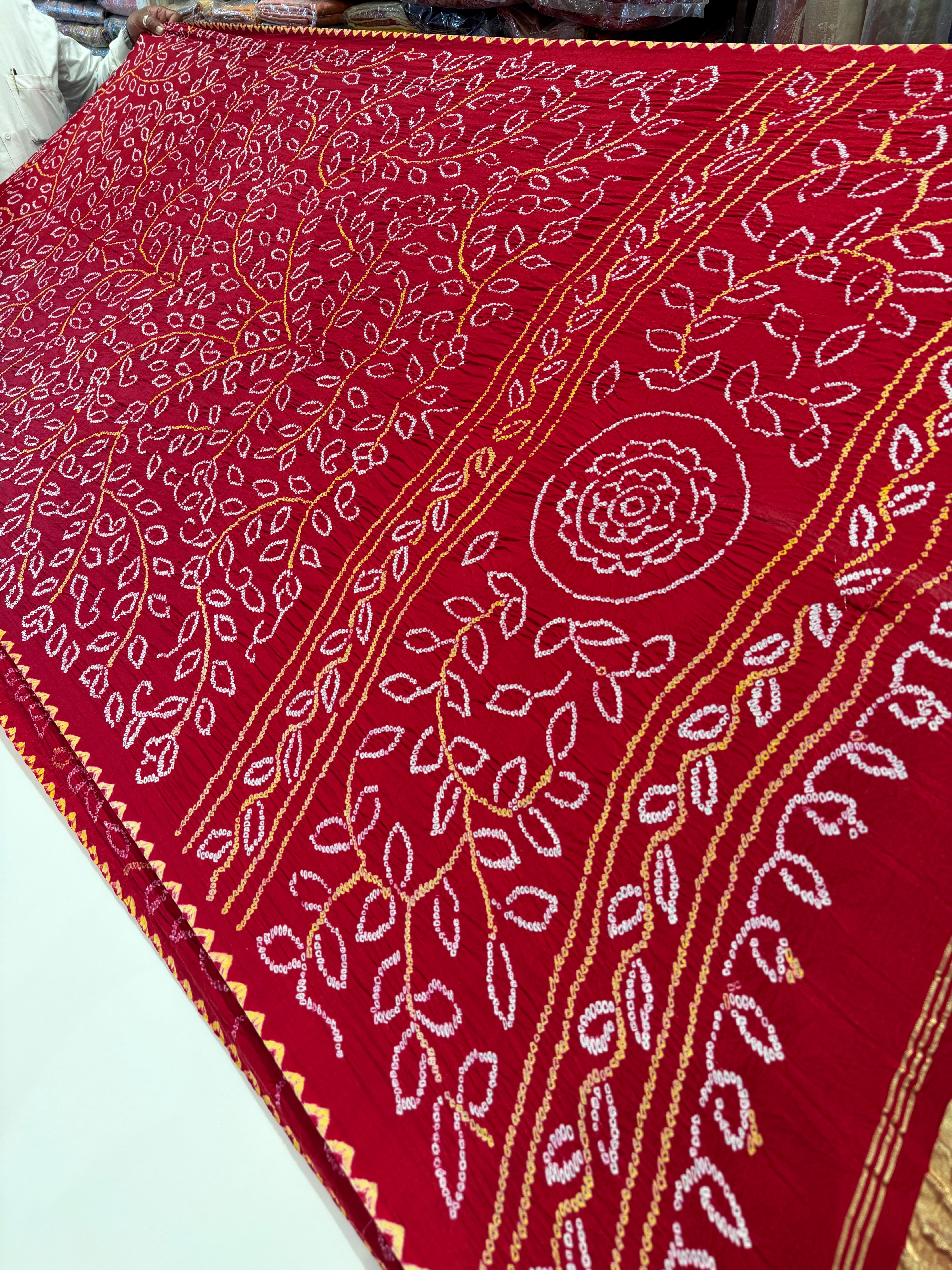 Red Pure Gajji Silk Rai Bandhej Ambadal Hand Done Saree