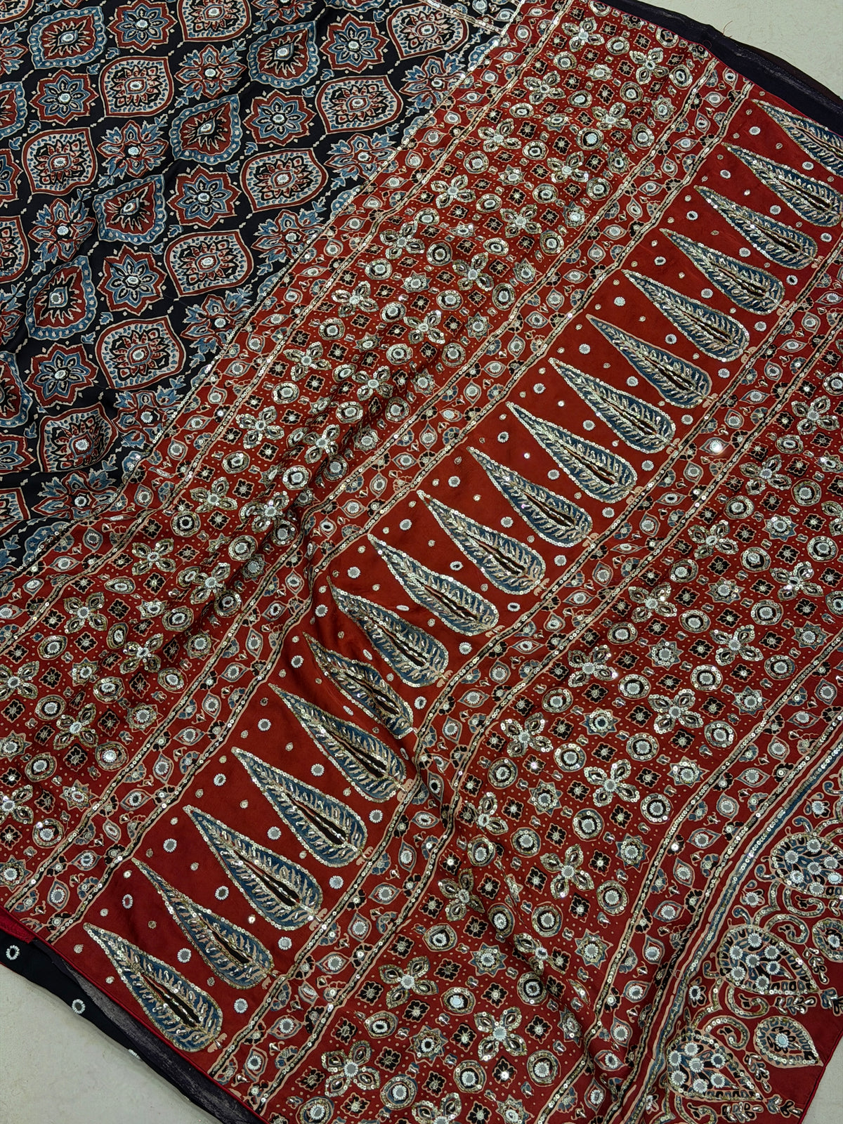 Black Red Badam Jaal Ajrakh Real Mirror Moti Sequin Hand Embroidery Saree