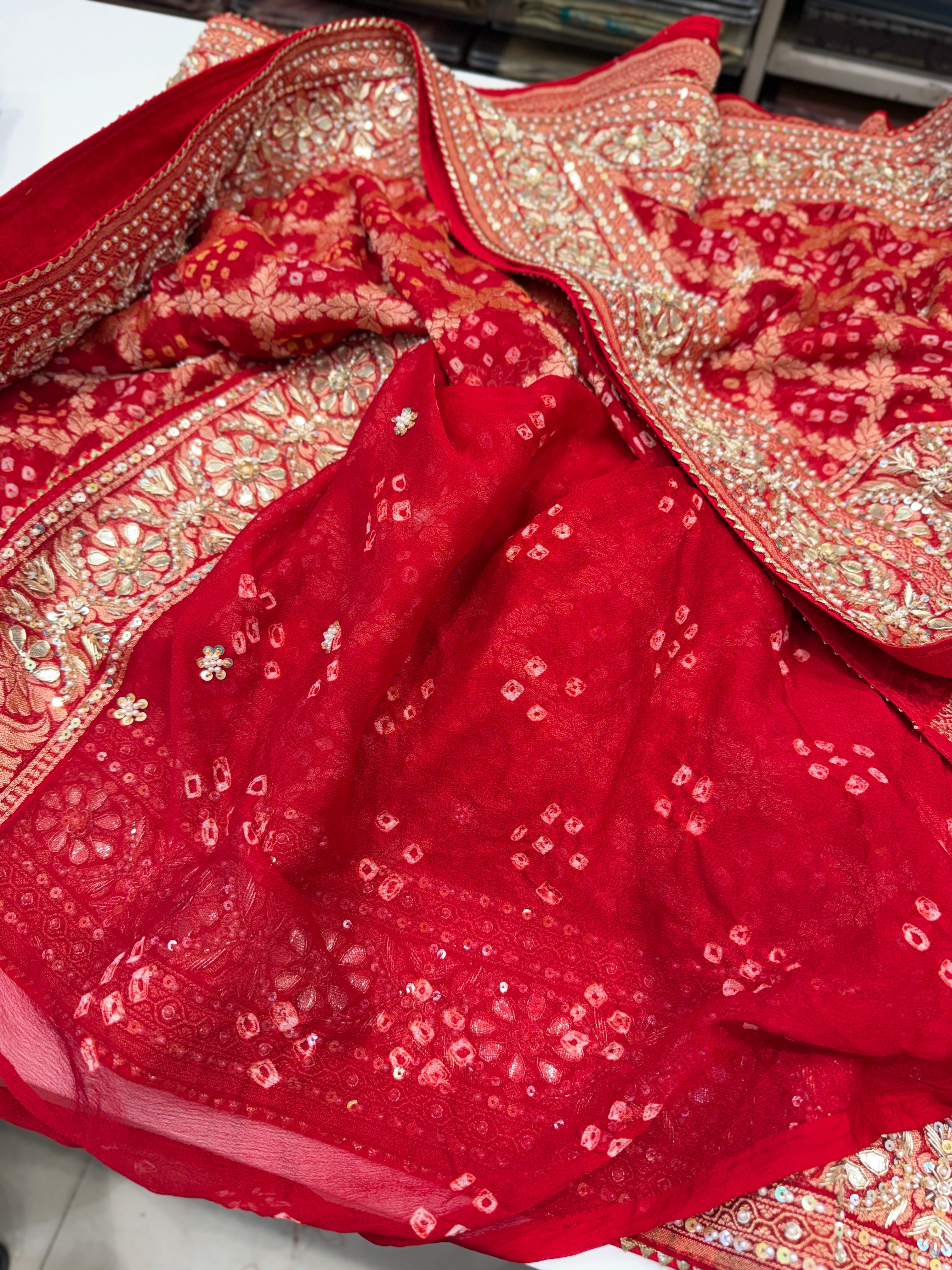 Red Bandhej Zardosi Pita Hand Embroidery Saree