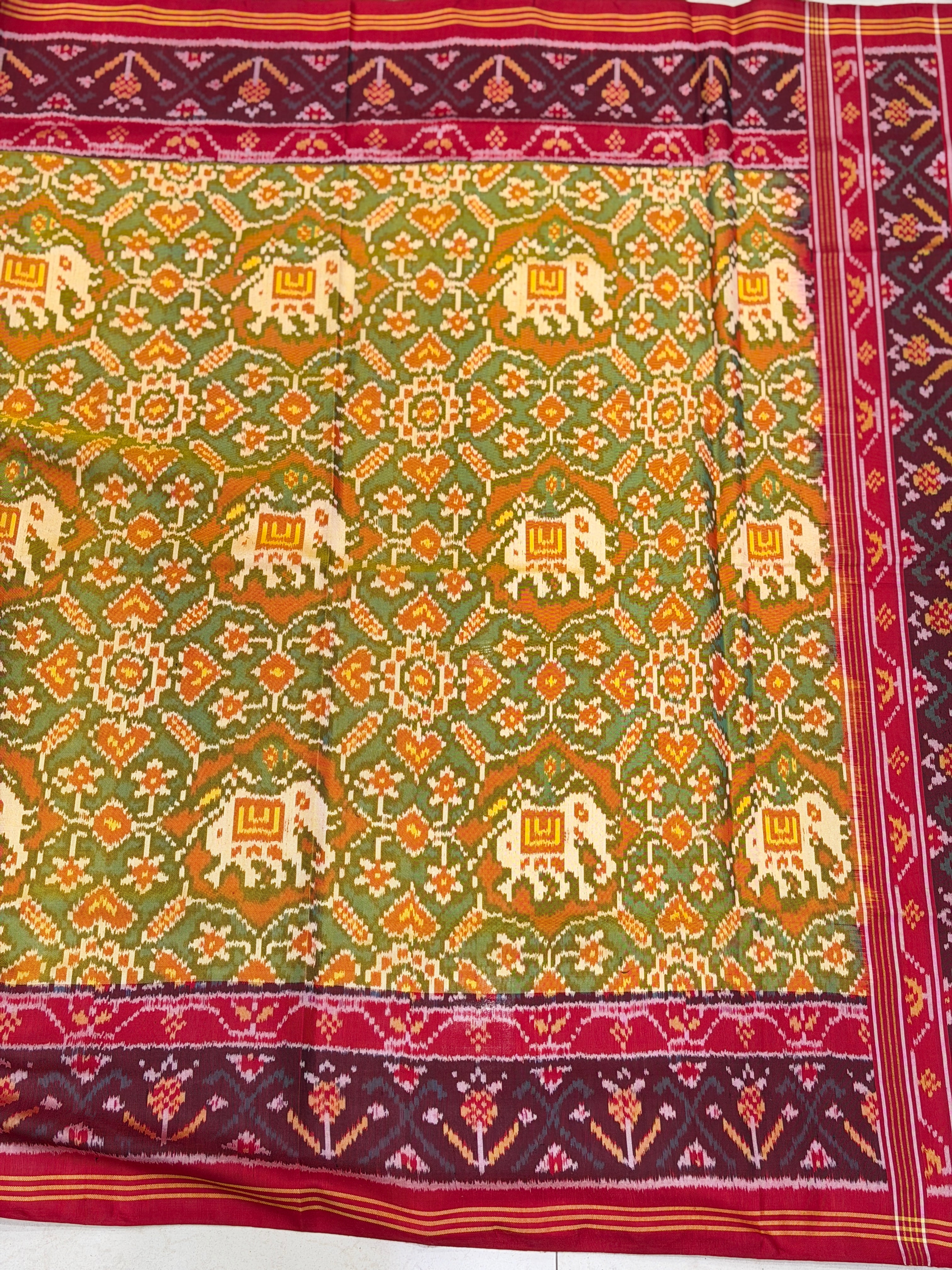 Yellow Red Navratna With Elephant Motifs Patan Patola Handloom Saree