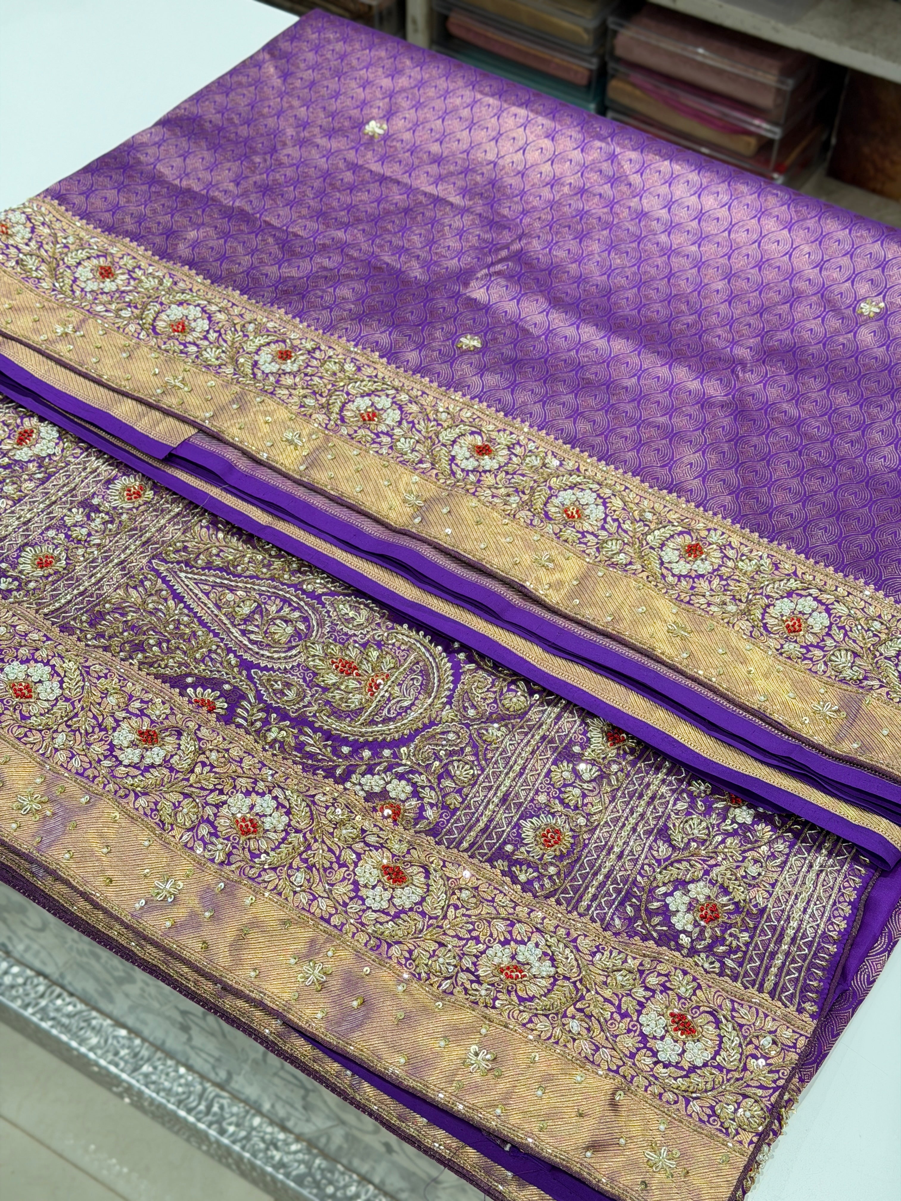 Violet Kanjivaram Floral Jaal Zardozi Hand Embroidery Saree