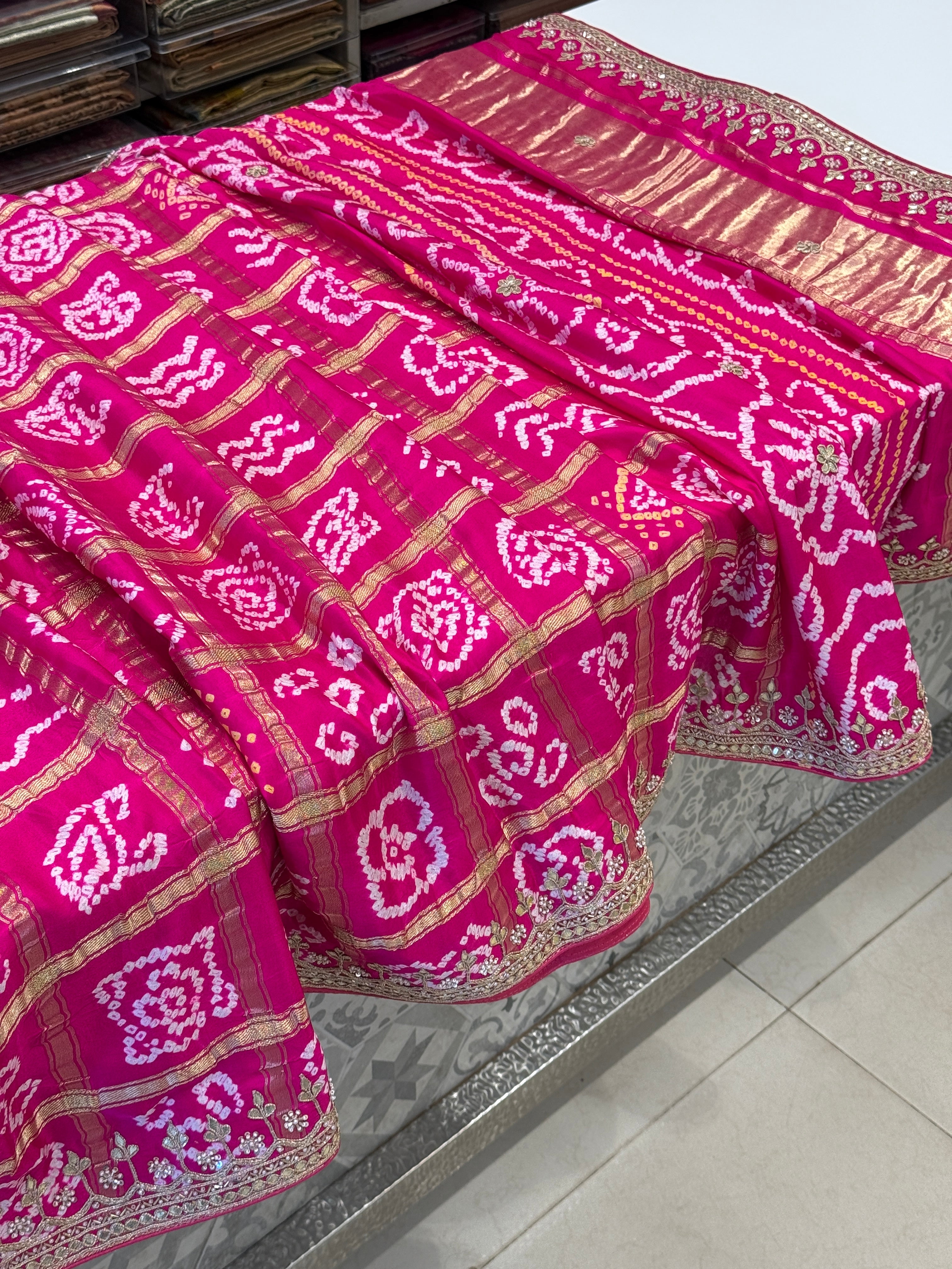 Rani Pink Bandhej Gharchola Gajji Silk Hand Done Gotapatti Saree