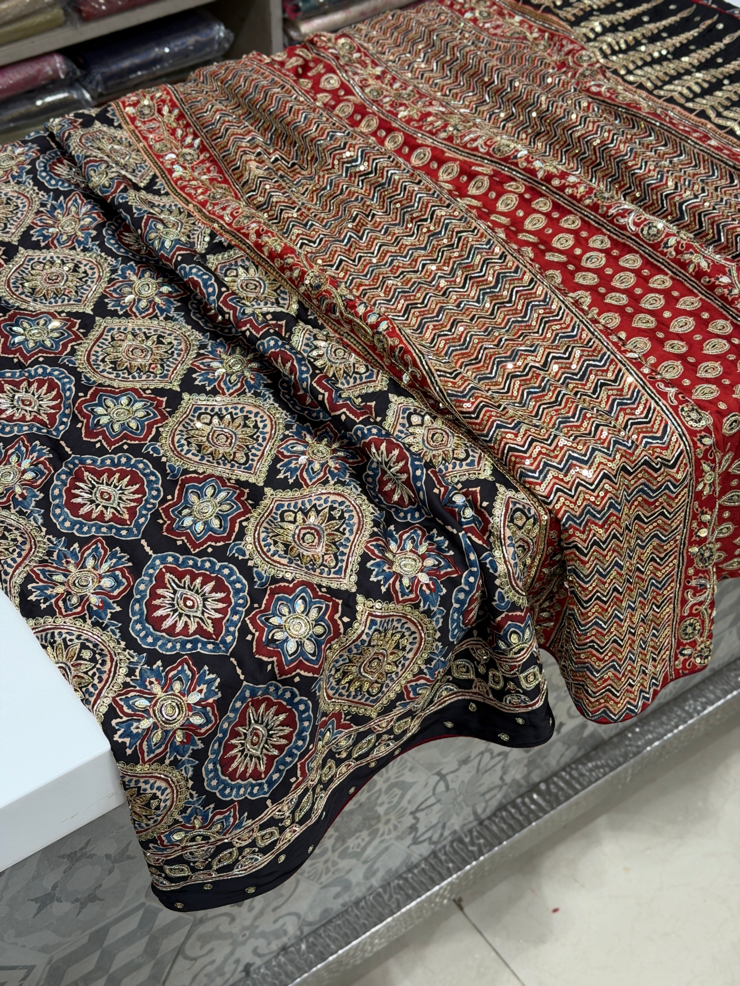 Black Red Badam Butti Zardosi Pita Sequin Ajrakh Hand Embroidery Saree