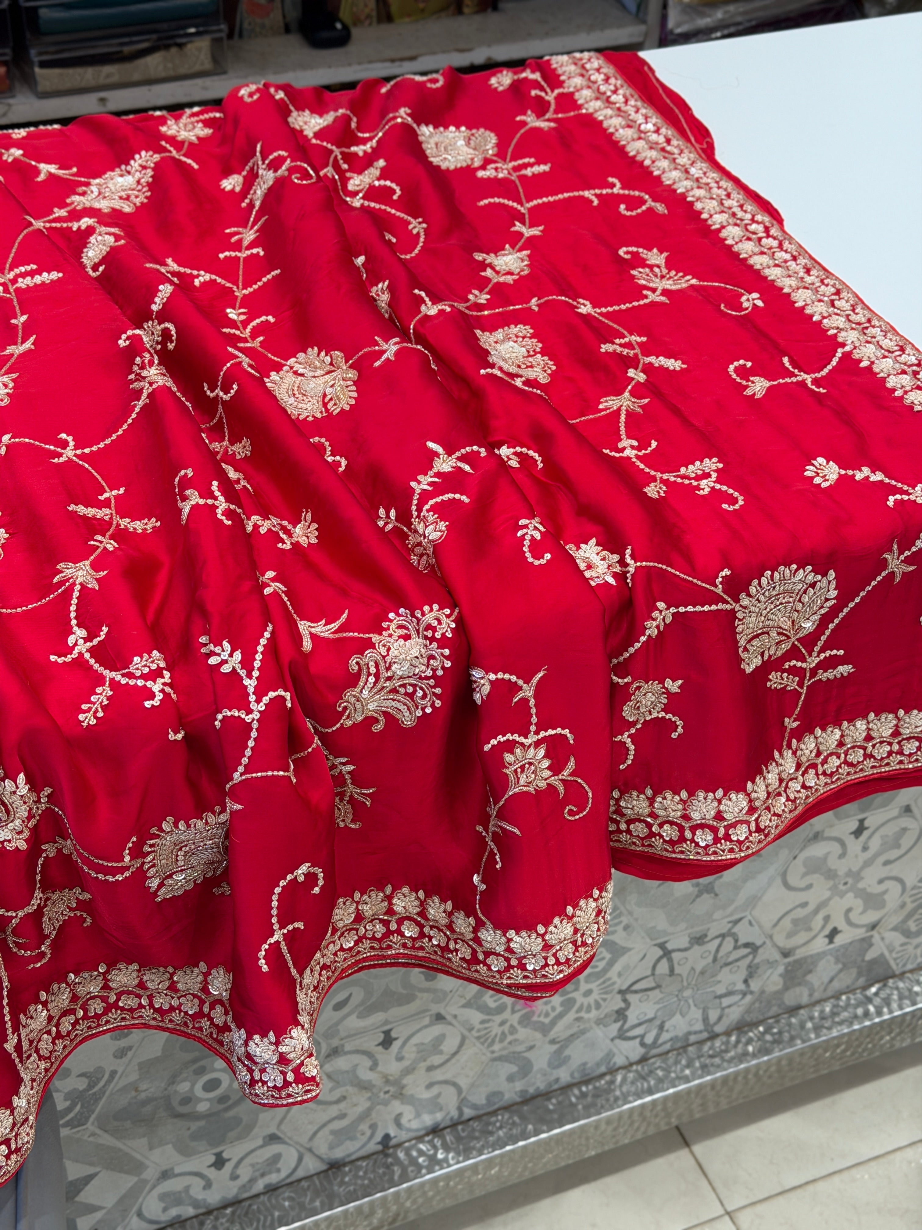 Red Satin Silk Moti Sequin Jaal Hand Embroidery Saree