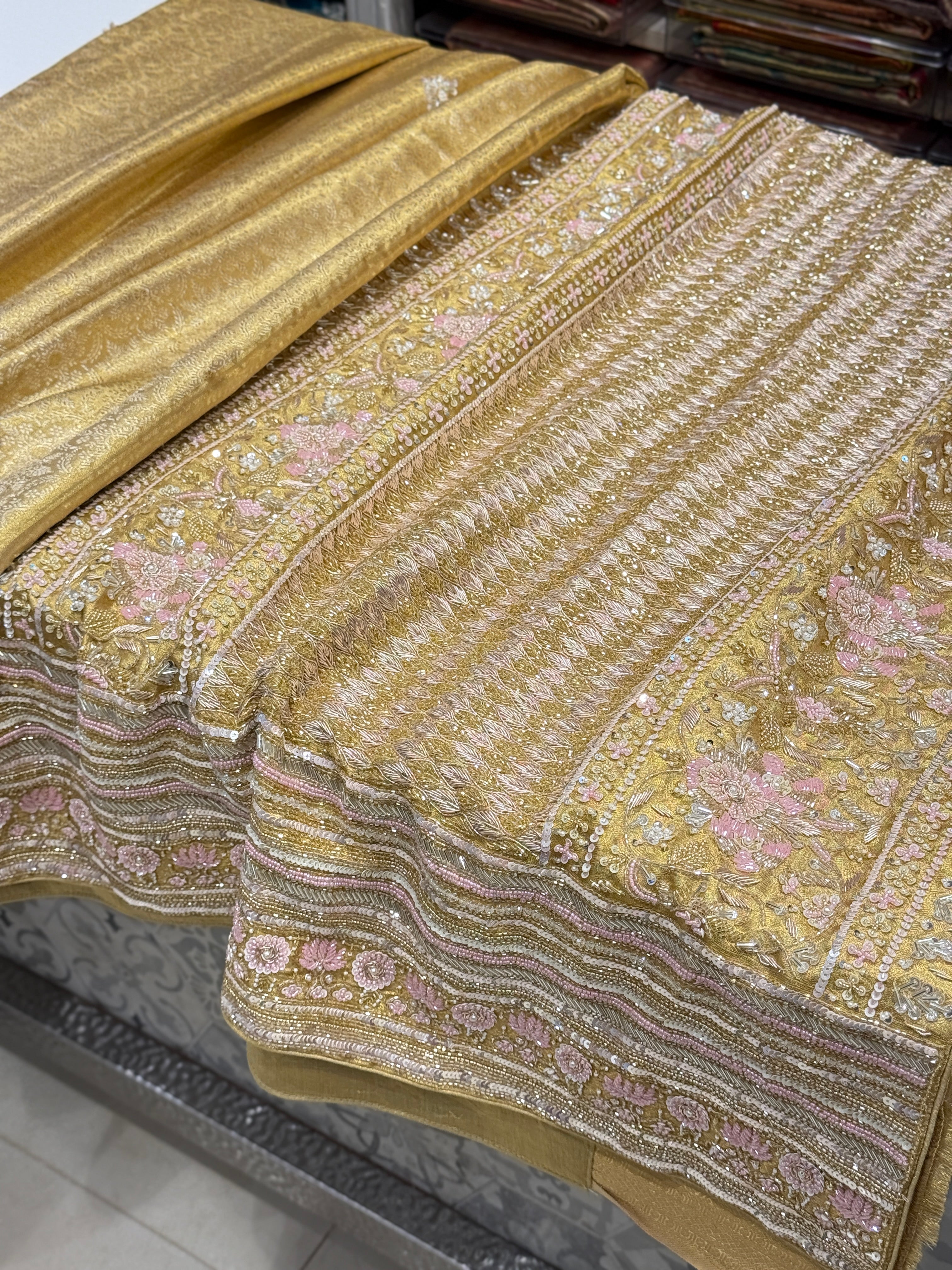 Gold Tissue Jaal Kanjivaram Hand Embroidery Saree
