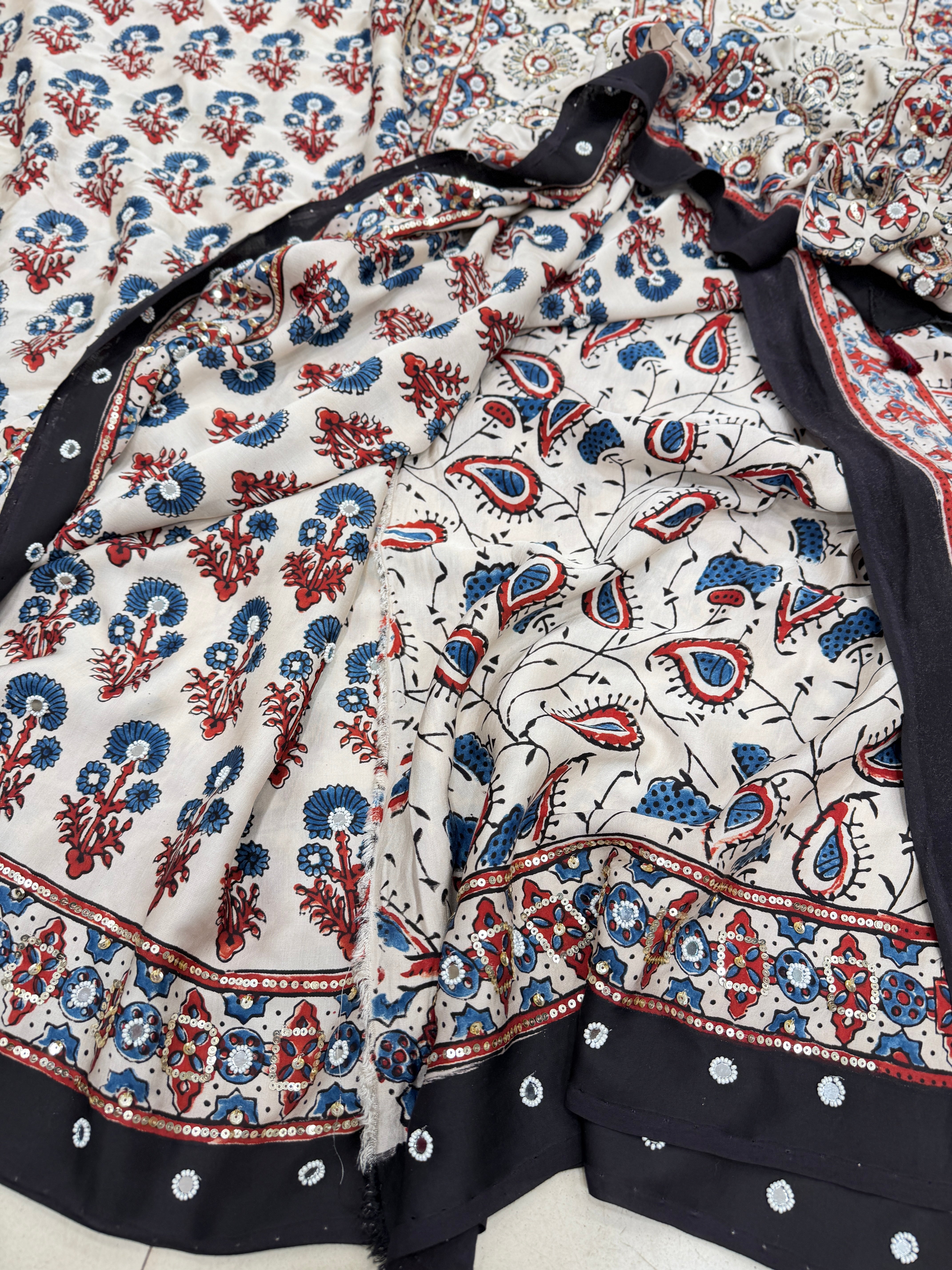 White Ajrakh Real Mirror Moti Sequin Hand Embroidery Saree