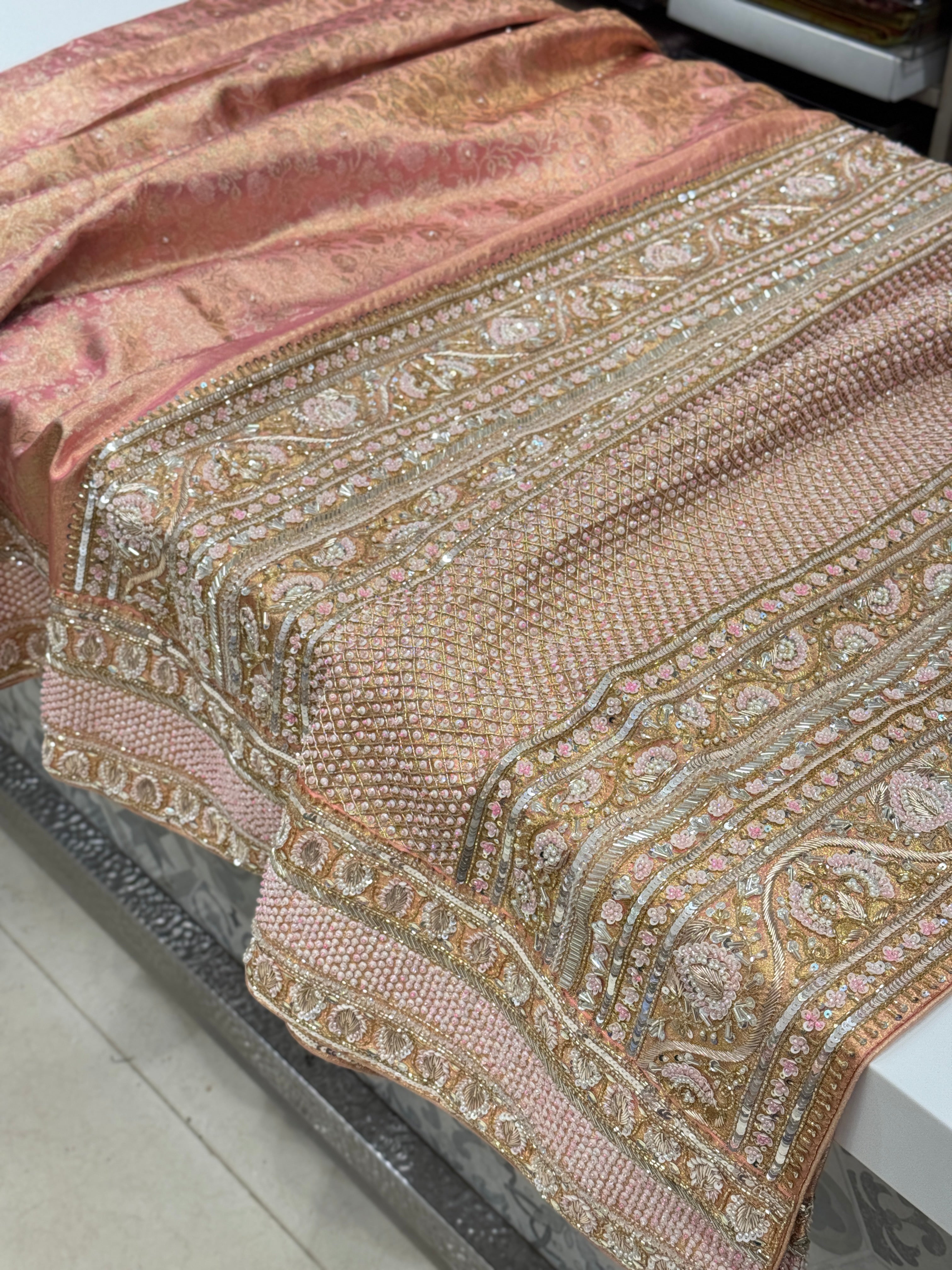 Pink Jaal Tissue Kanjivaram Hand Embroidery Saree