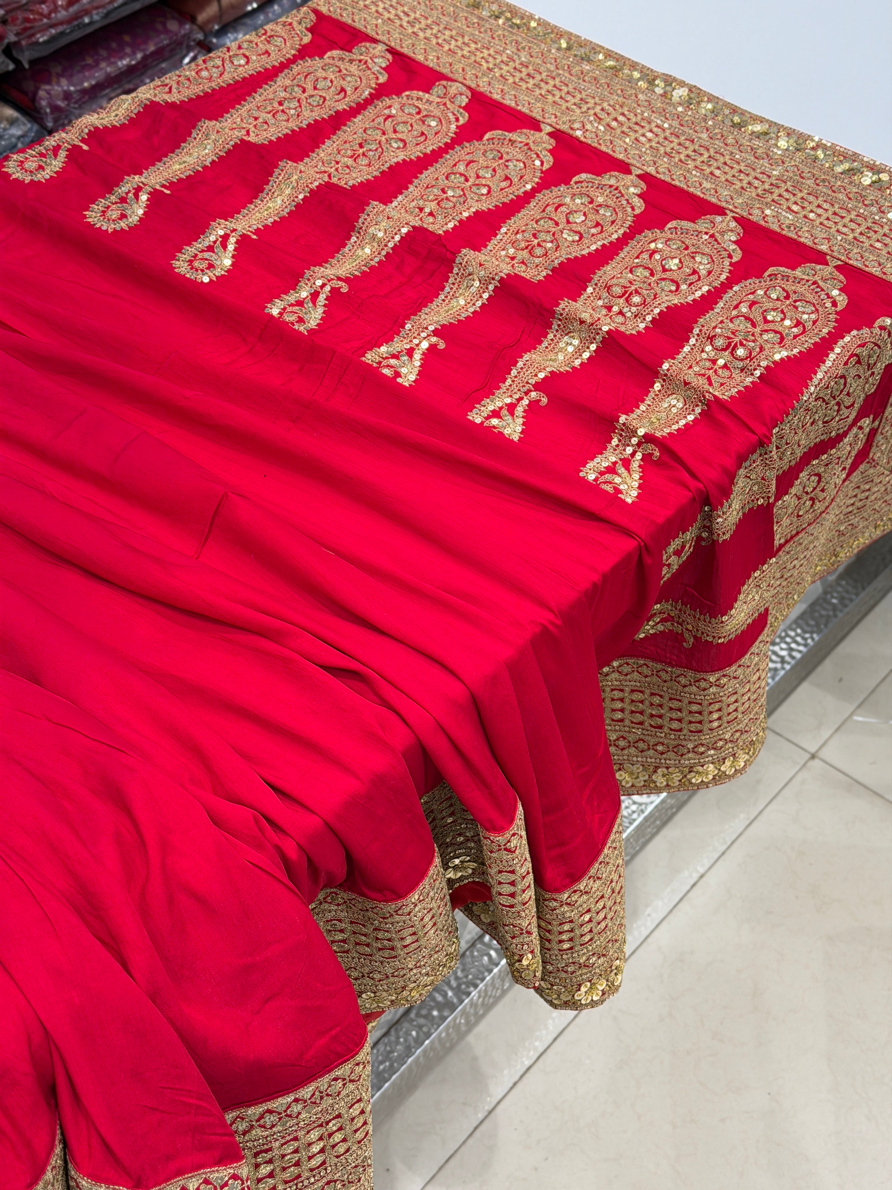 Red Sabyasachi Inspired Marodi Embroidery Pure Silk Saree Keri Pallu Saree