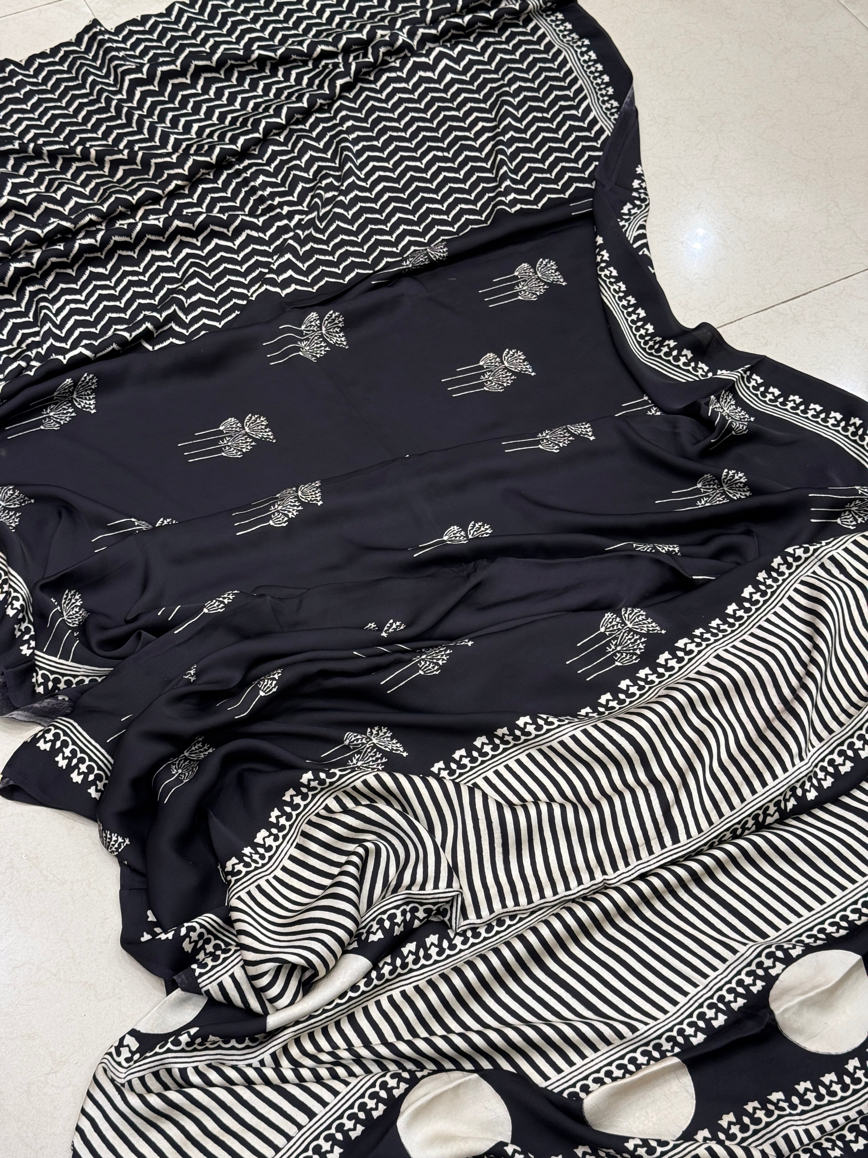 Black White Butti Gajji Silk Ajrakh Saree