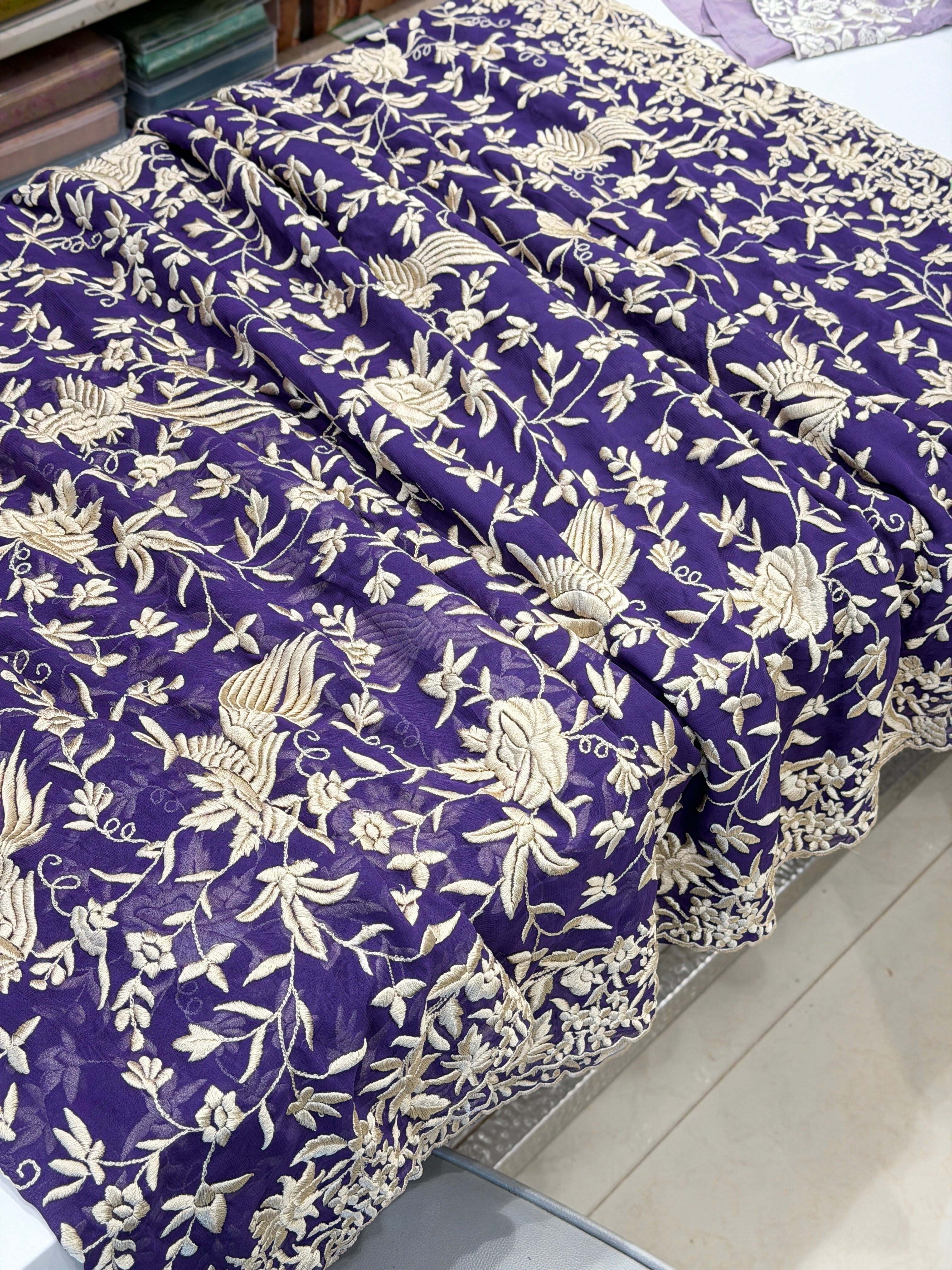 Violet Georgette Floral Jaal Flamingo Resham Embroidery Saree