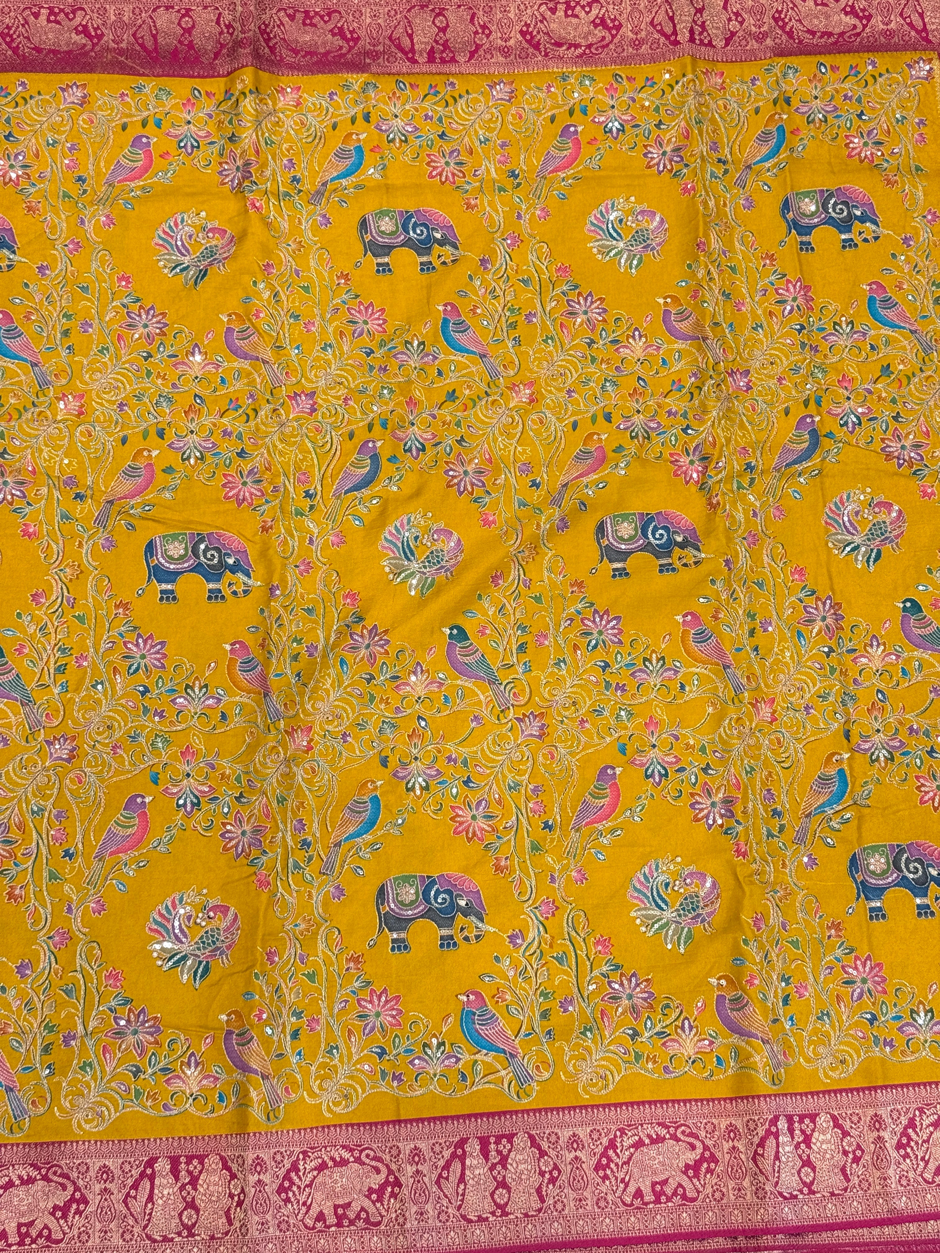 Yellow Rani Banarasi Fauna Munga Silk Saree With Pita Embroidery