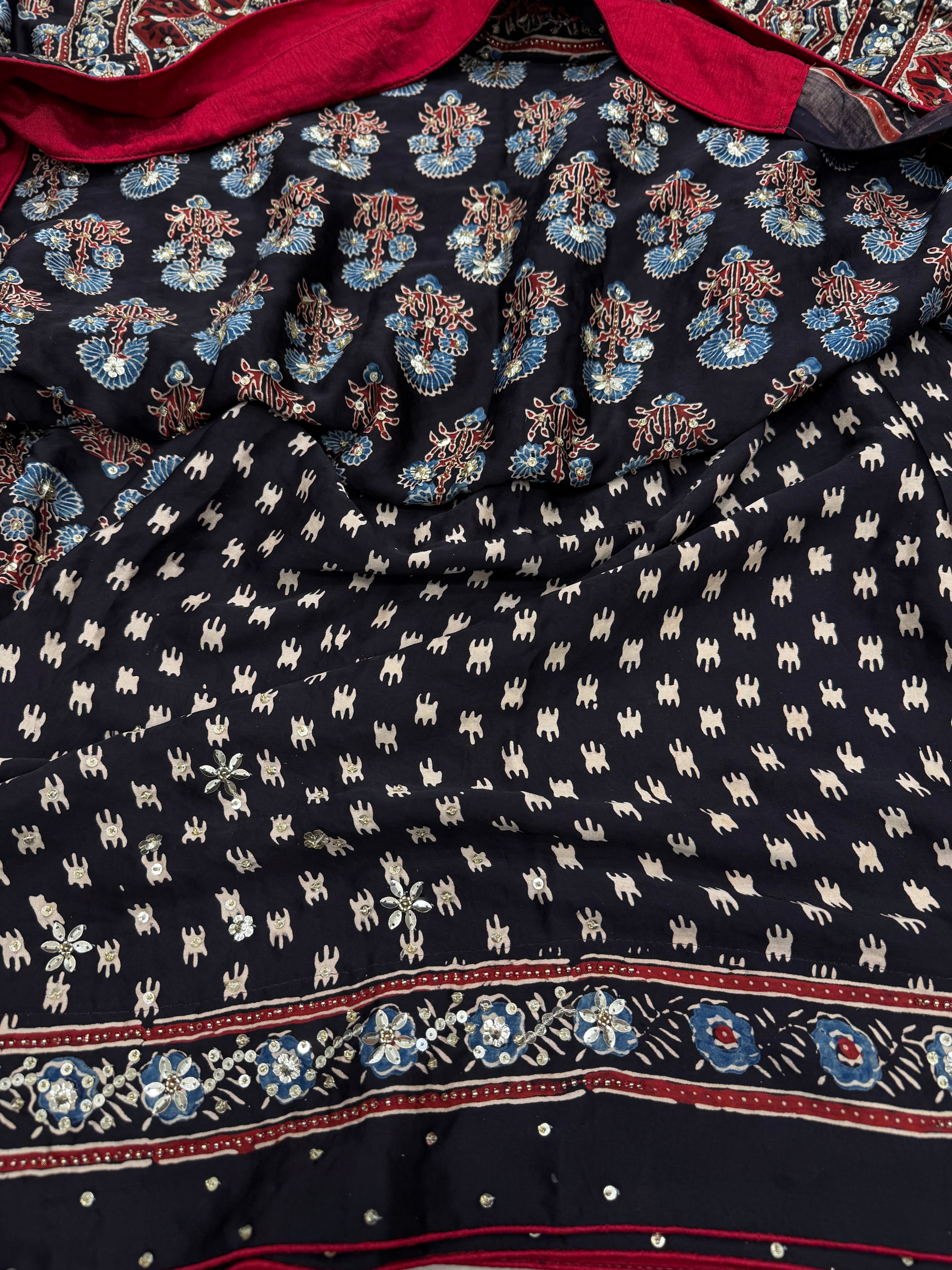 Black Buttas Ajrakh Sequin Moti Hand Embroidery Saree