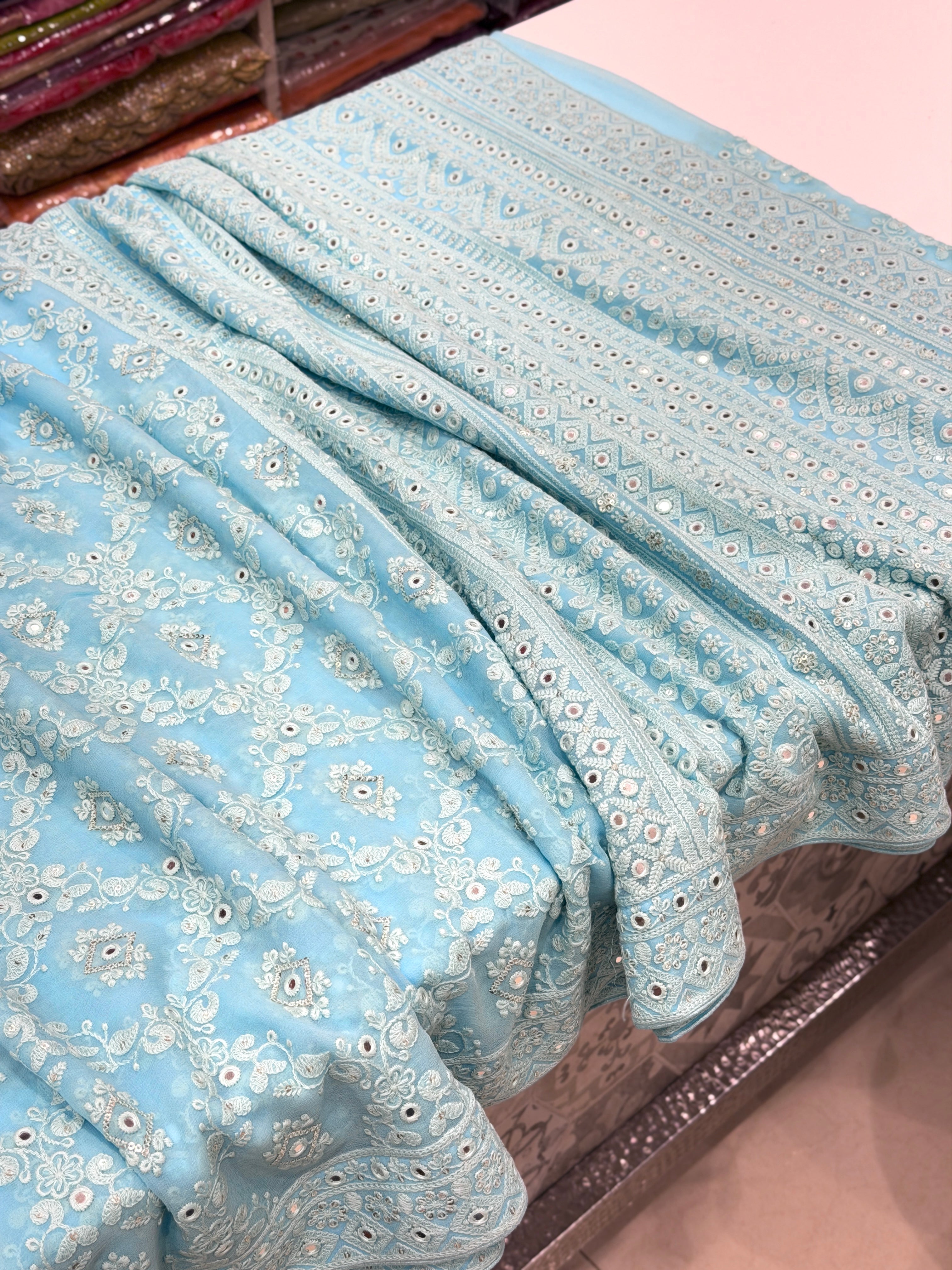 Light Blue Chikankari Jaal Georgette Resham Embroidery Saree