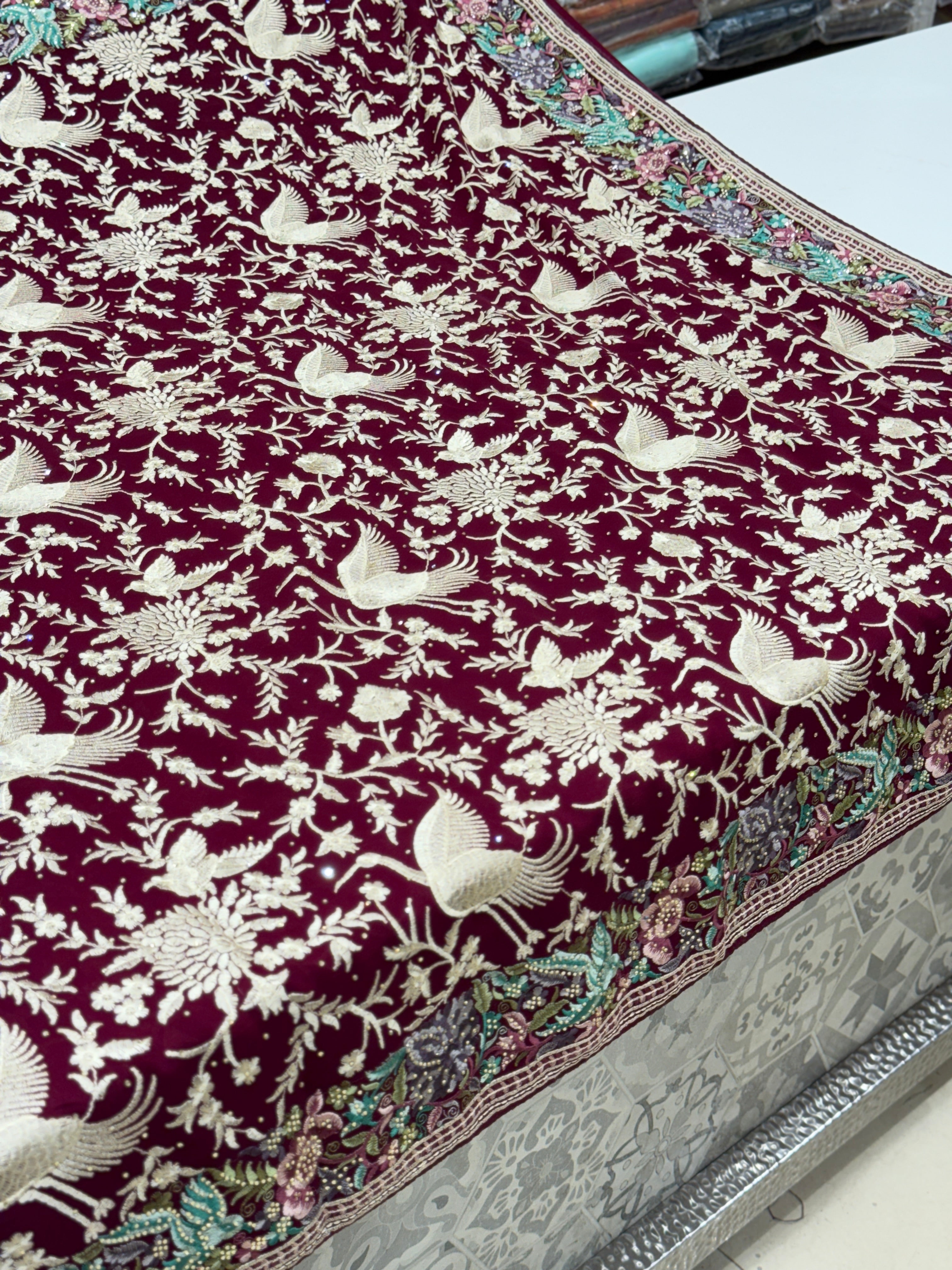 Wine Parsi Gara Saree with Stone Work Resham Embroidery