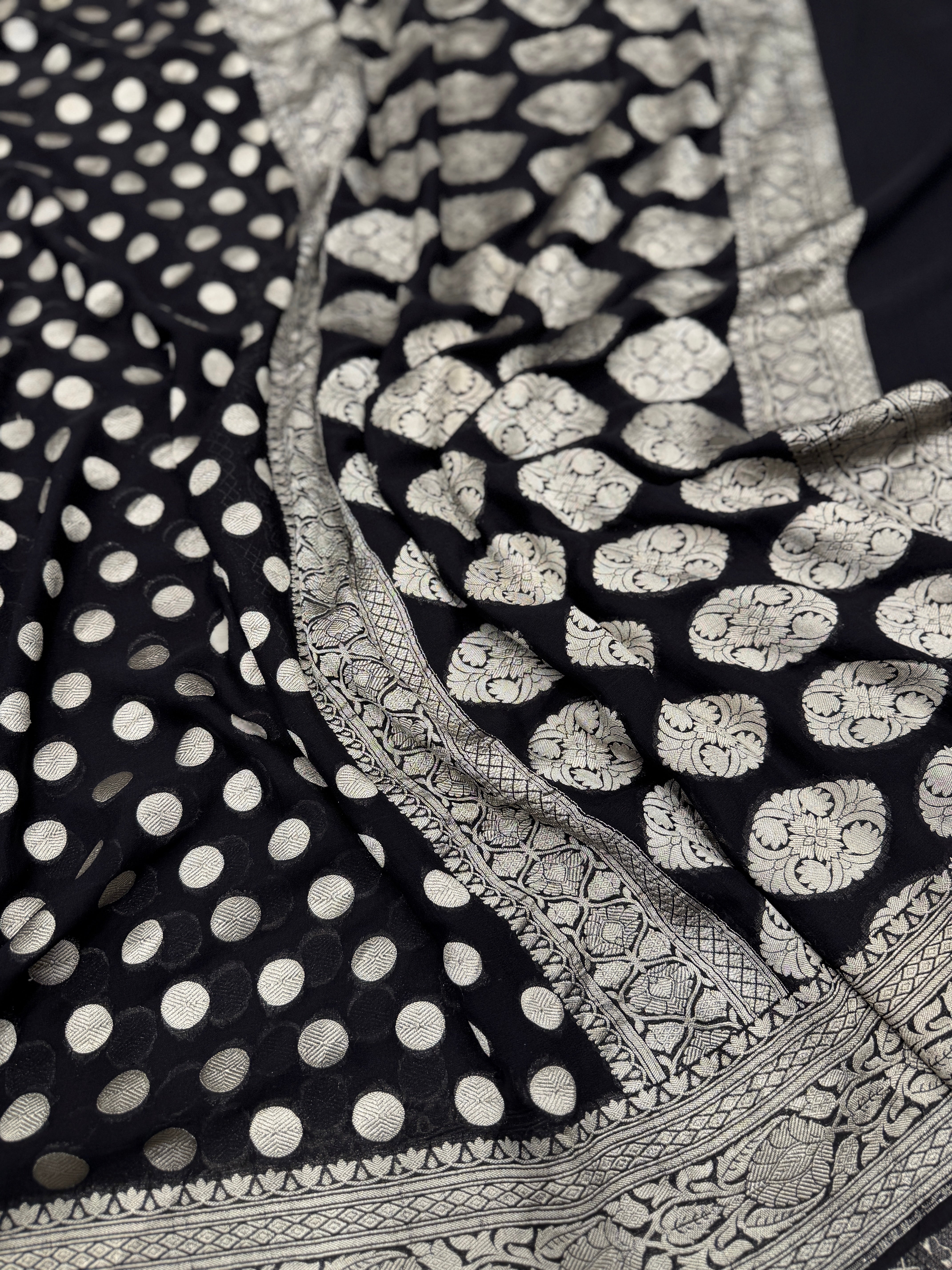 Black Dollar Buttis Handloom Banarasi Khaddi Georgette Saree