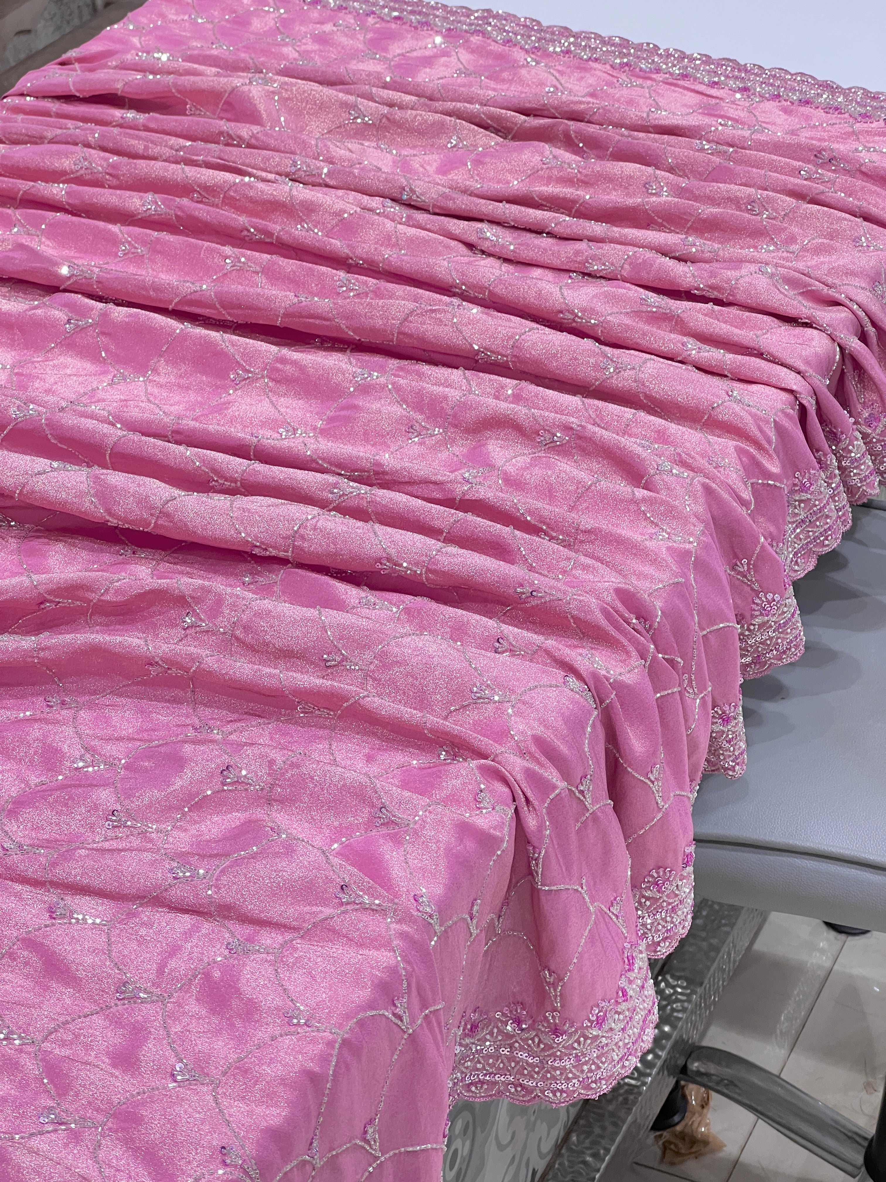 Baby Pink Tissue Crepe Hand Embroidery Saree